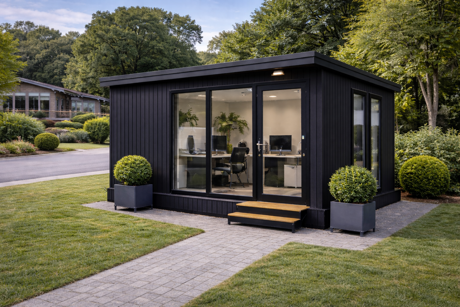 A small modern black office building with large glass doors and windows, situated on a well-maintained lawn with potted bushes nearby.