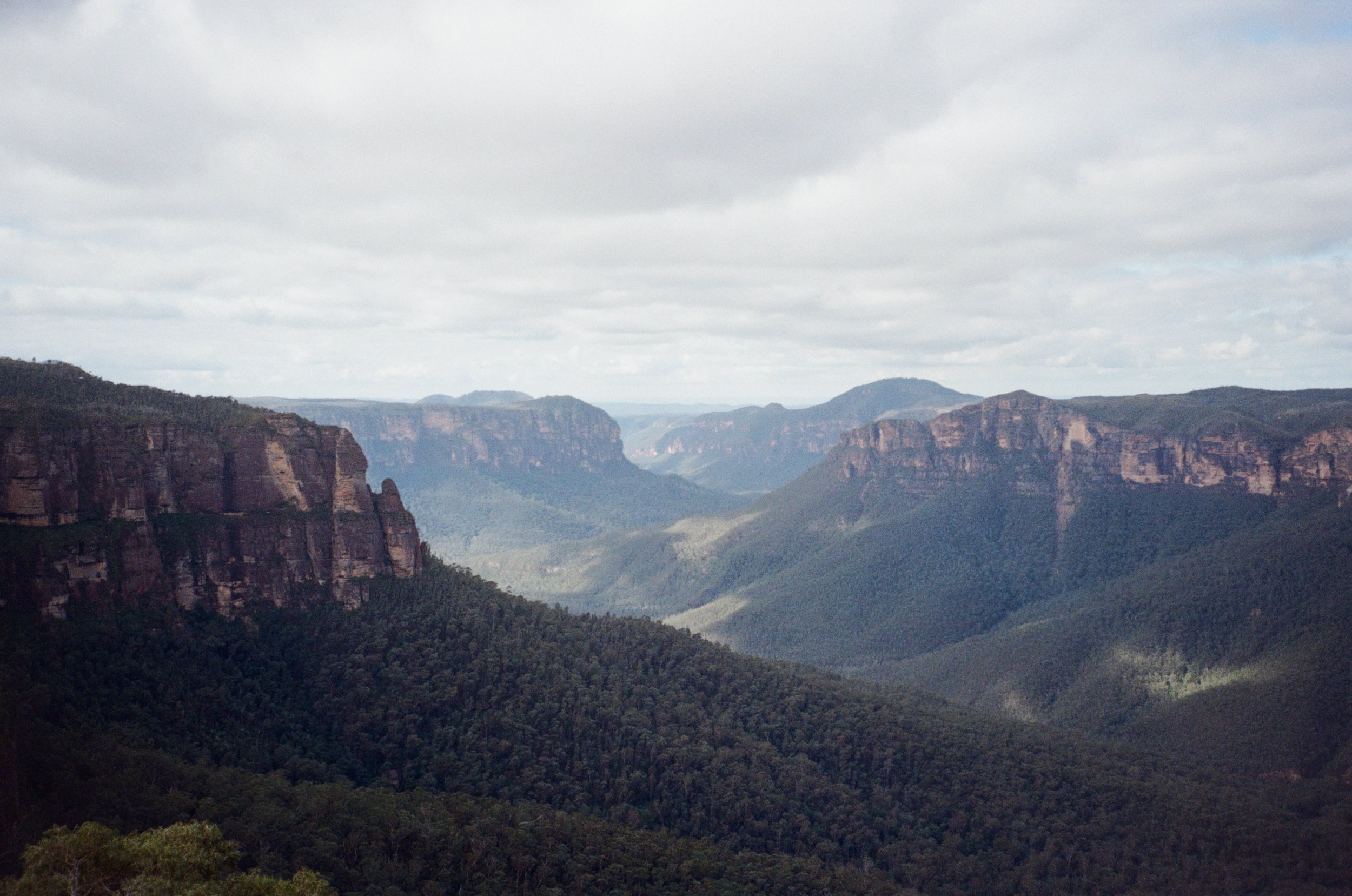 A view of deep canyon valleys with steep cliffs and forested slopes under a cloudy sky.