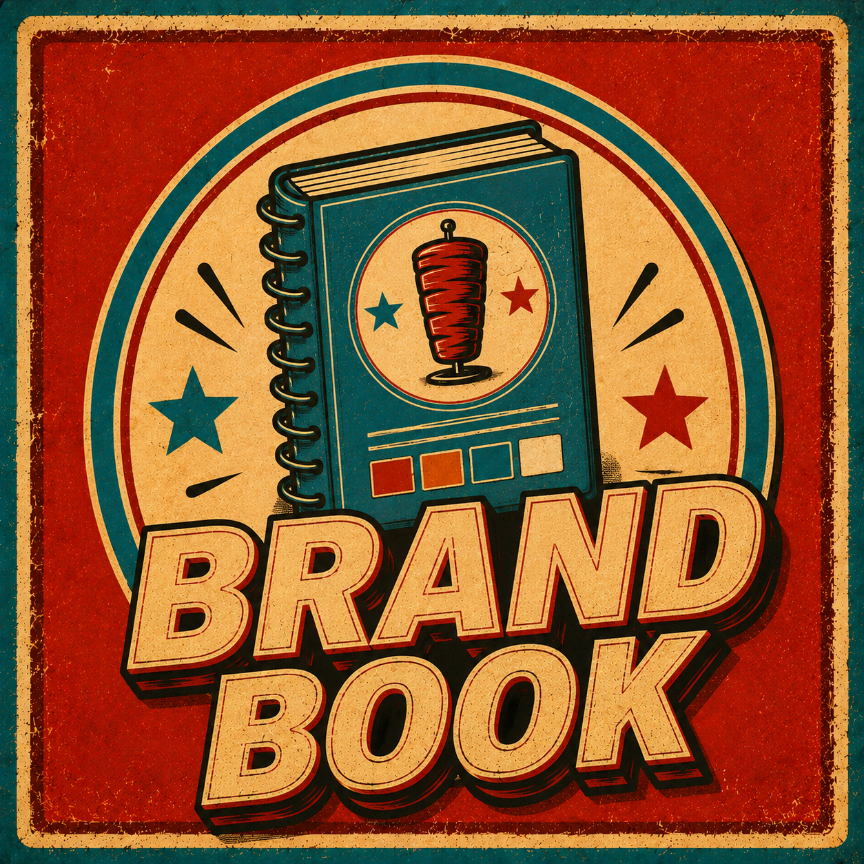 Vintage-style poster featuring a book with a tornado shape on the cover, surrounded by stars and the bold text "BRAND BOOK".