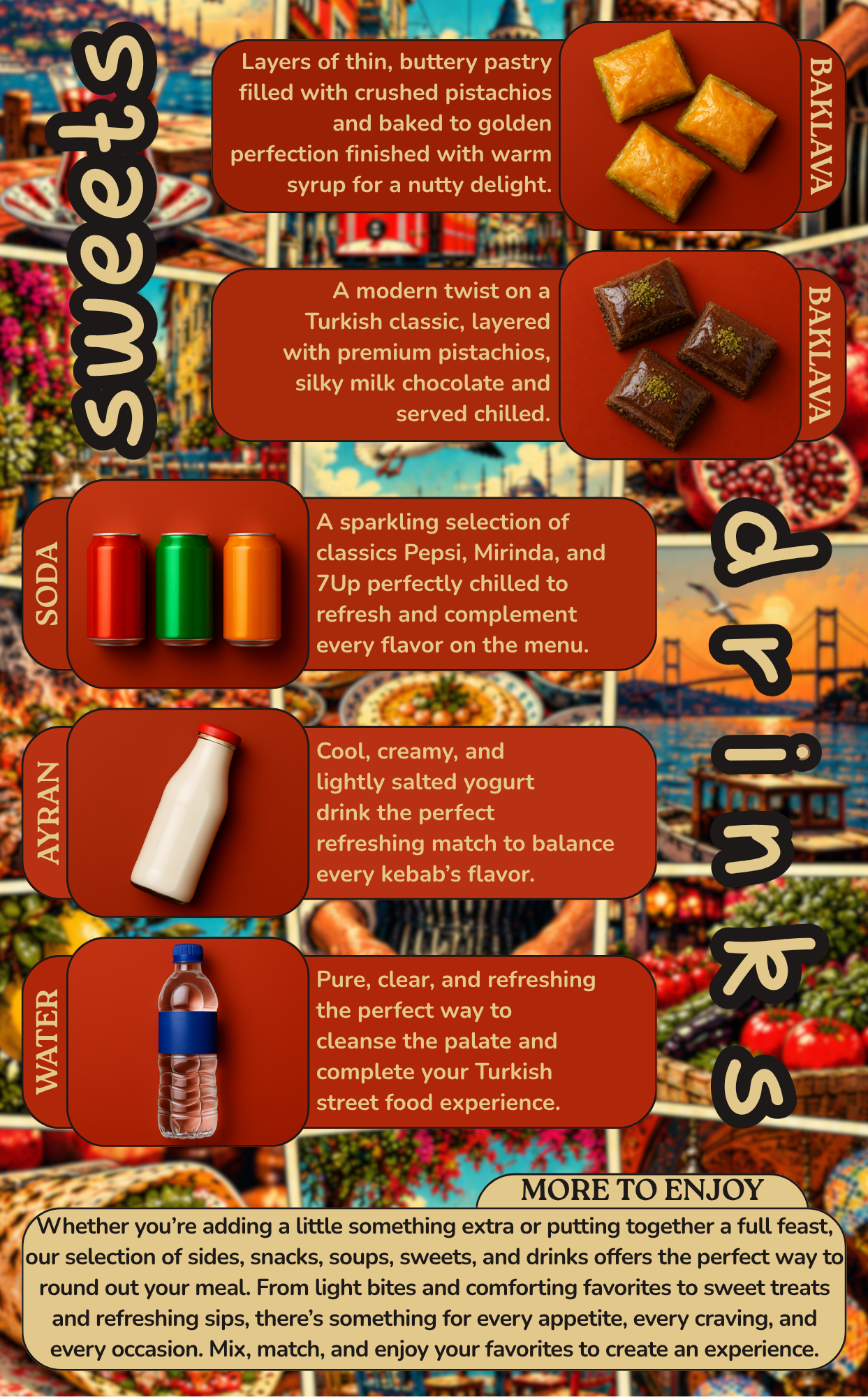 Close-up of Turkish street food snacks and beverages: baklava, Turkish rice pudding, canned soda, yogurt drink, and bottled water with descriptive text on a menu