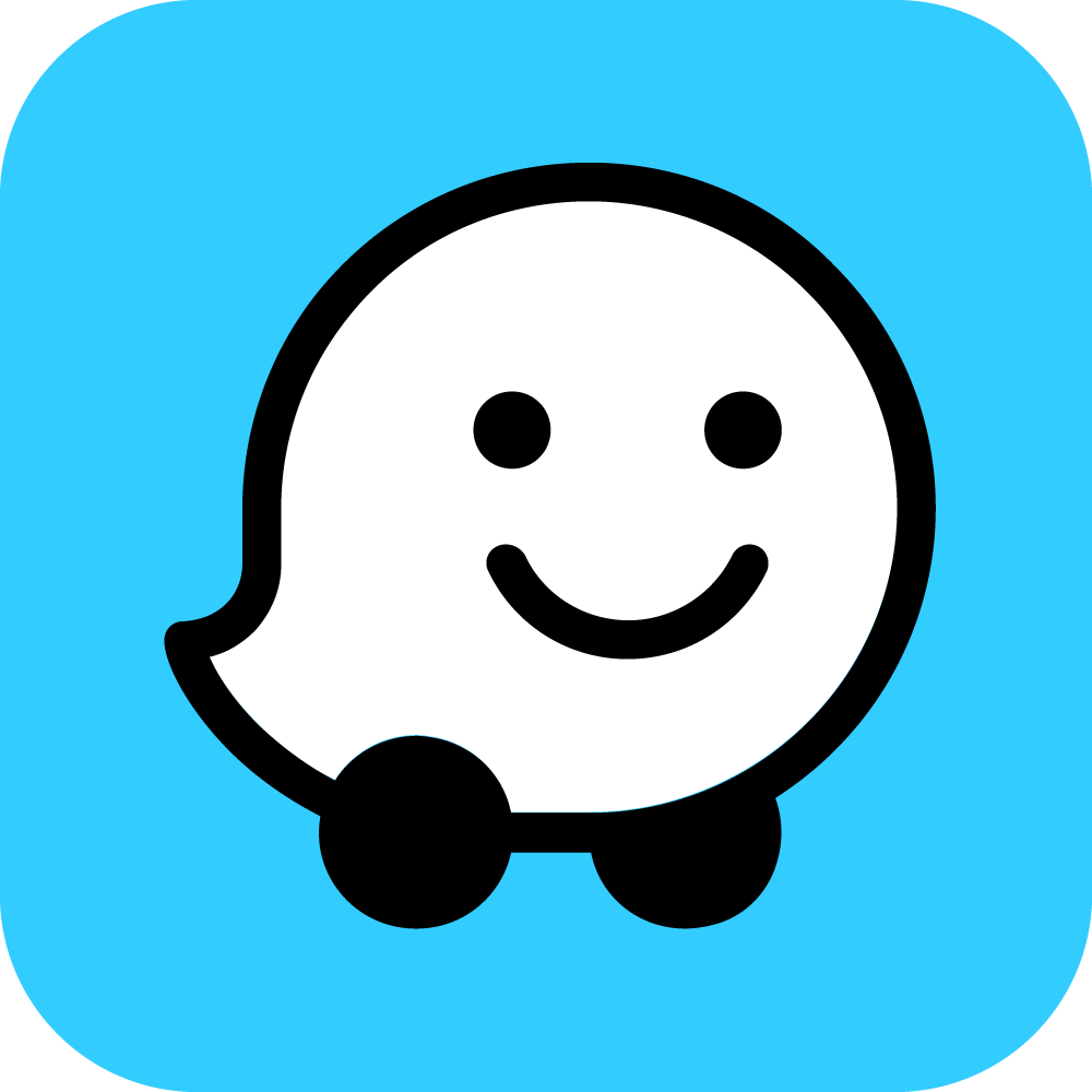 A Waze icon representation of a smiling, white ghost with black eyes and a curved mouth, set against a light blue background.