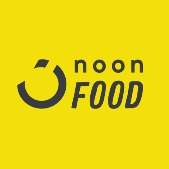 Yellow background with a black clock symbol and the words 'noon FOOD' written in black.