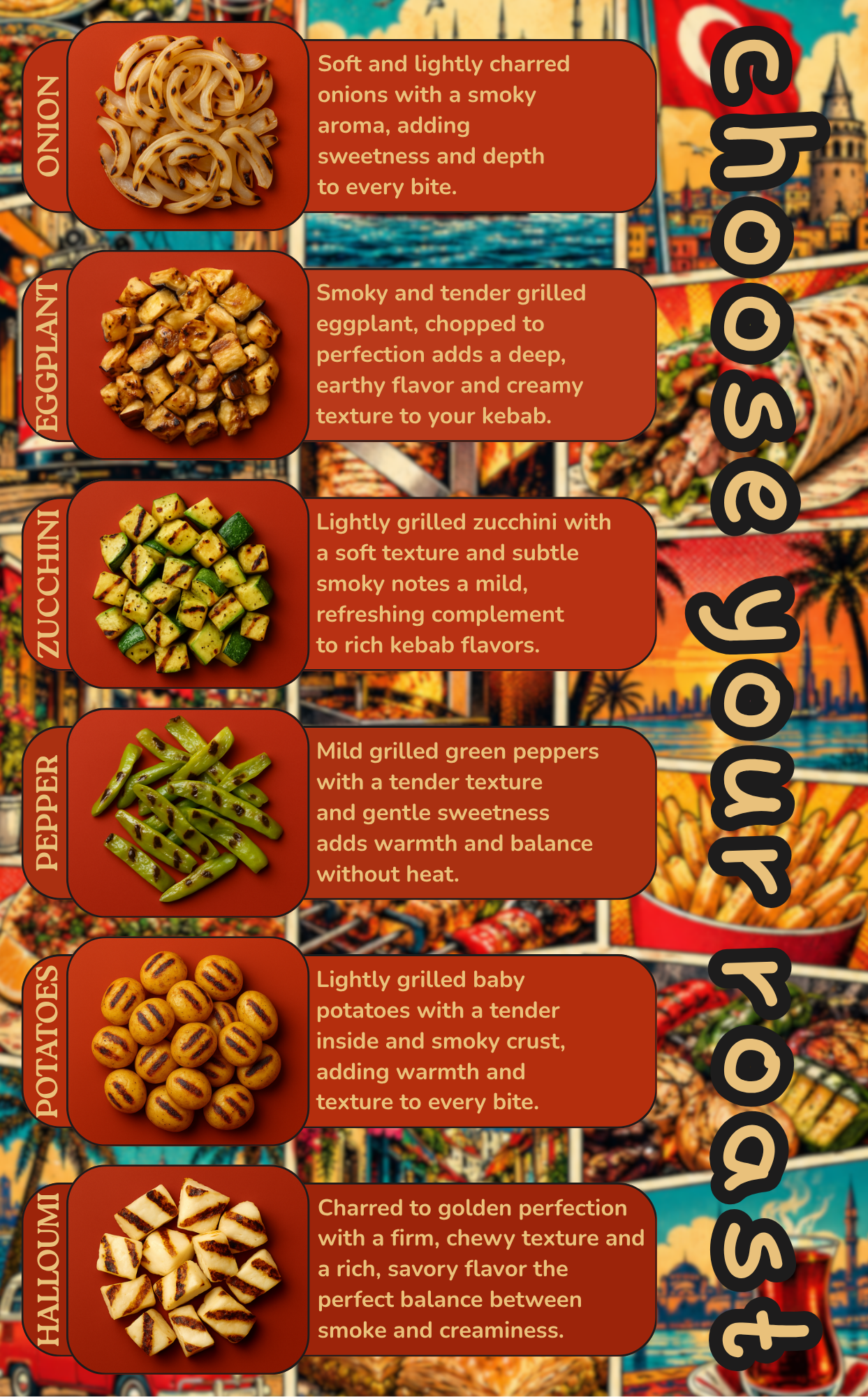 Collection of food items with descriptions: cooked onions, grilled eggplant, grilled zucchini, grilled potatoes, and halva with detailed flavor descriptions.