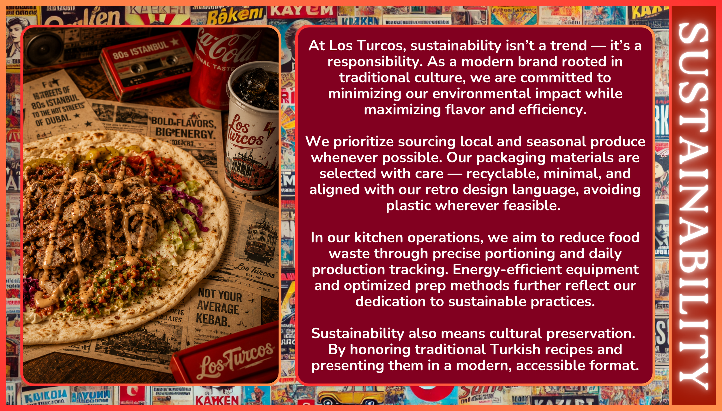 A close-up of a pizza topped with ground meat, chopped vegetables, and drizzled sauce, on a table alongside a Coca-Cola beverage, with a backdrop of vintage magazine covers and a red sign from Los Turcos Turkish restaurant.