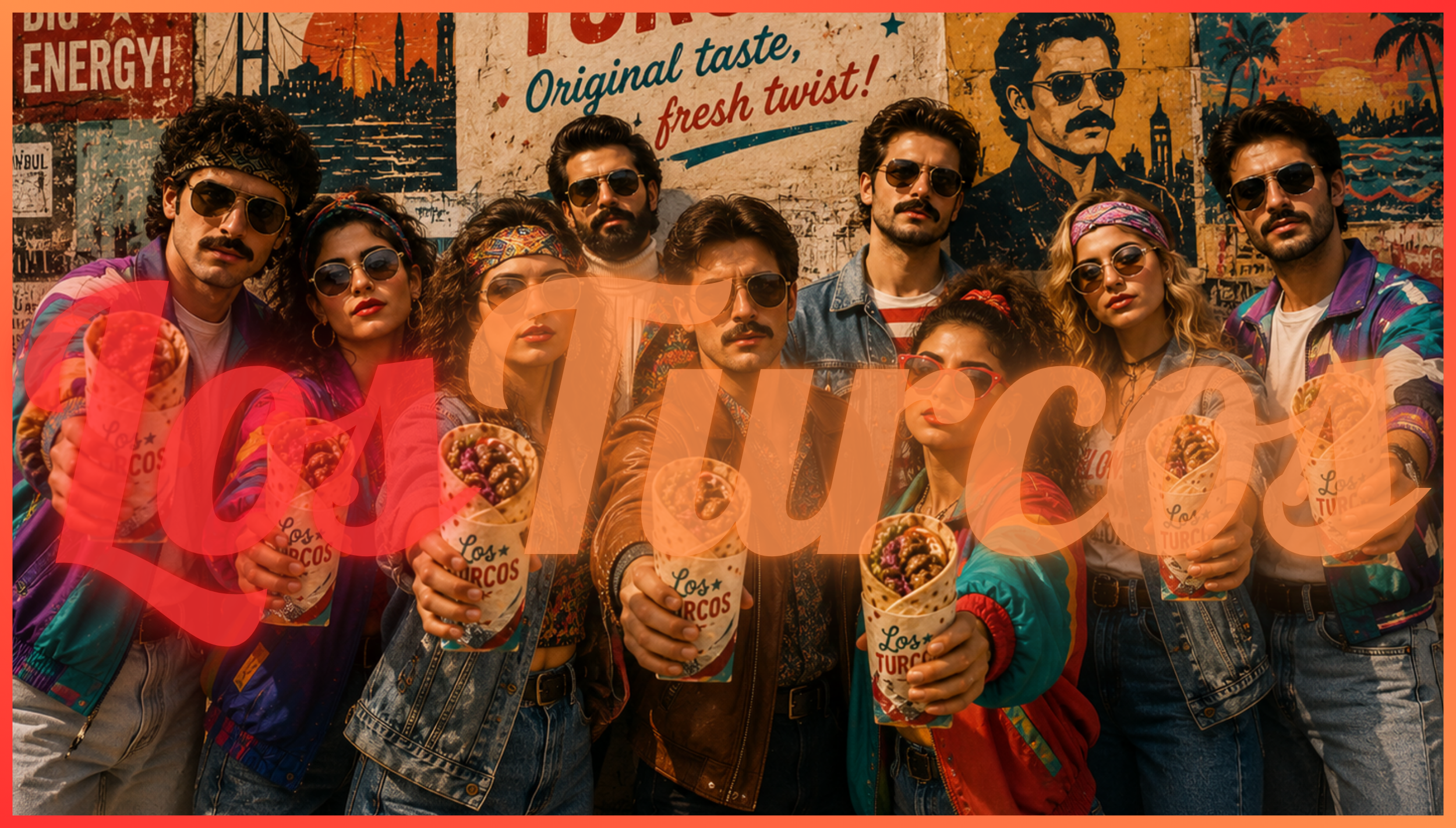 A group of young people standing in front of a vibrant, graffiti-style mural wall. They are wearing retro 80s fashion, sunglasses, and headbands, holding rolled tacos with the sign 'Los TURCOS' on them. The background features posters and street art with text such as 'Original taste, fresh twist!'