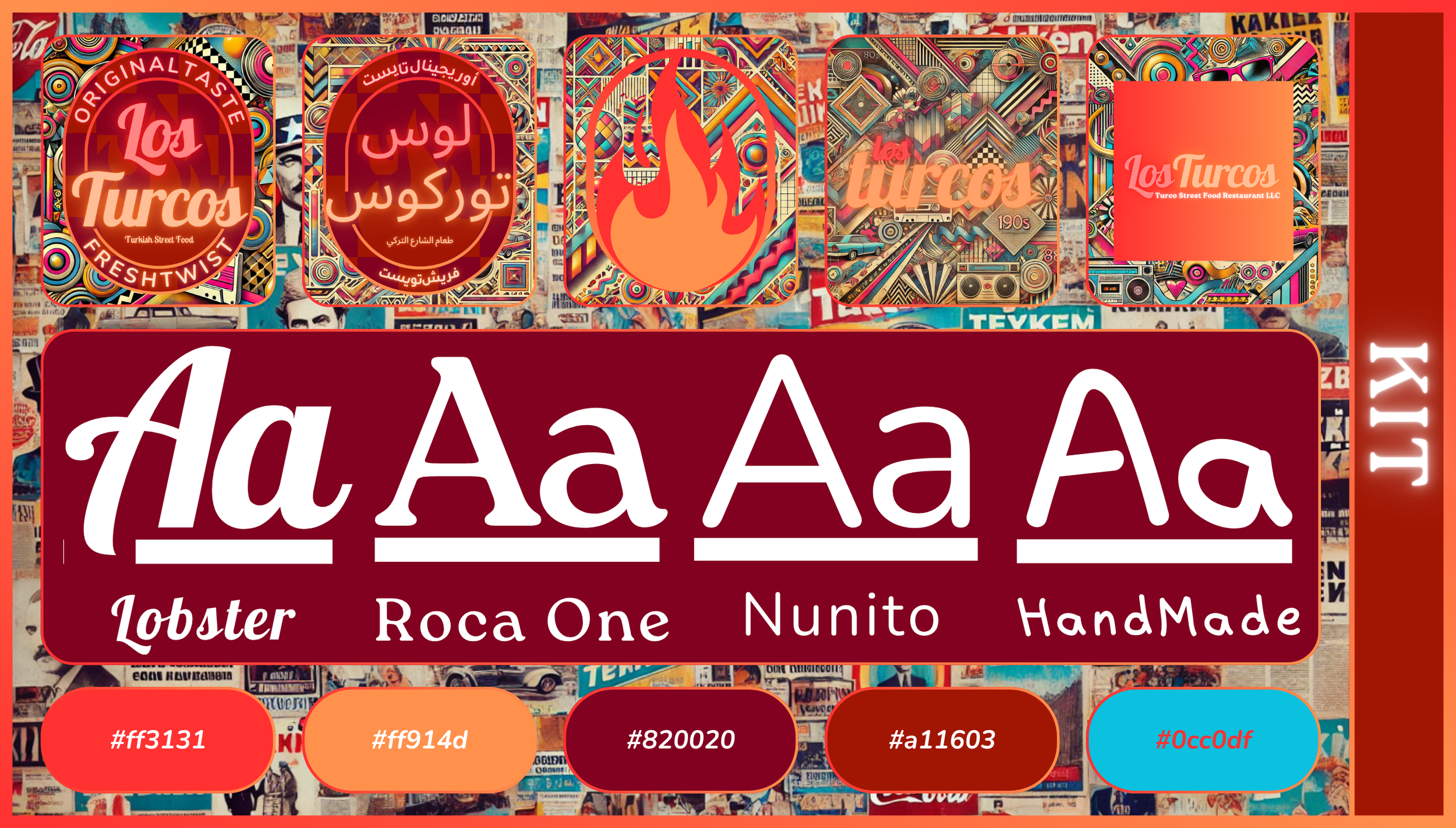 Colorful collage of logos and signs for Los Turcos, a Turkish street food restaurant, featuring a flame illustration, various patterns, and text in English and Arabic.