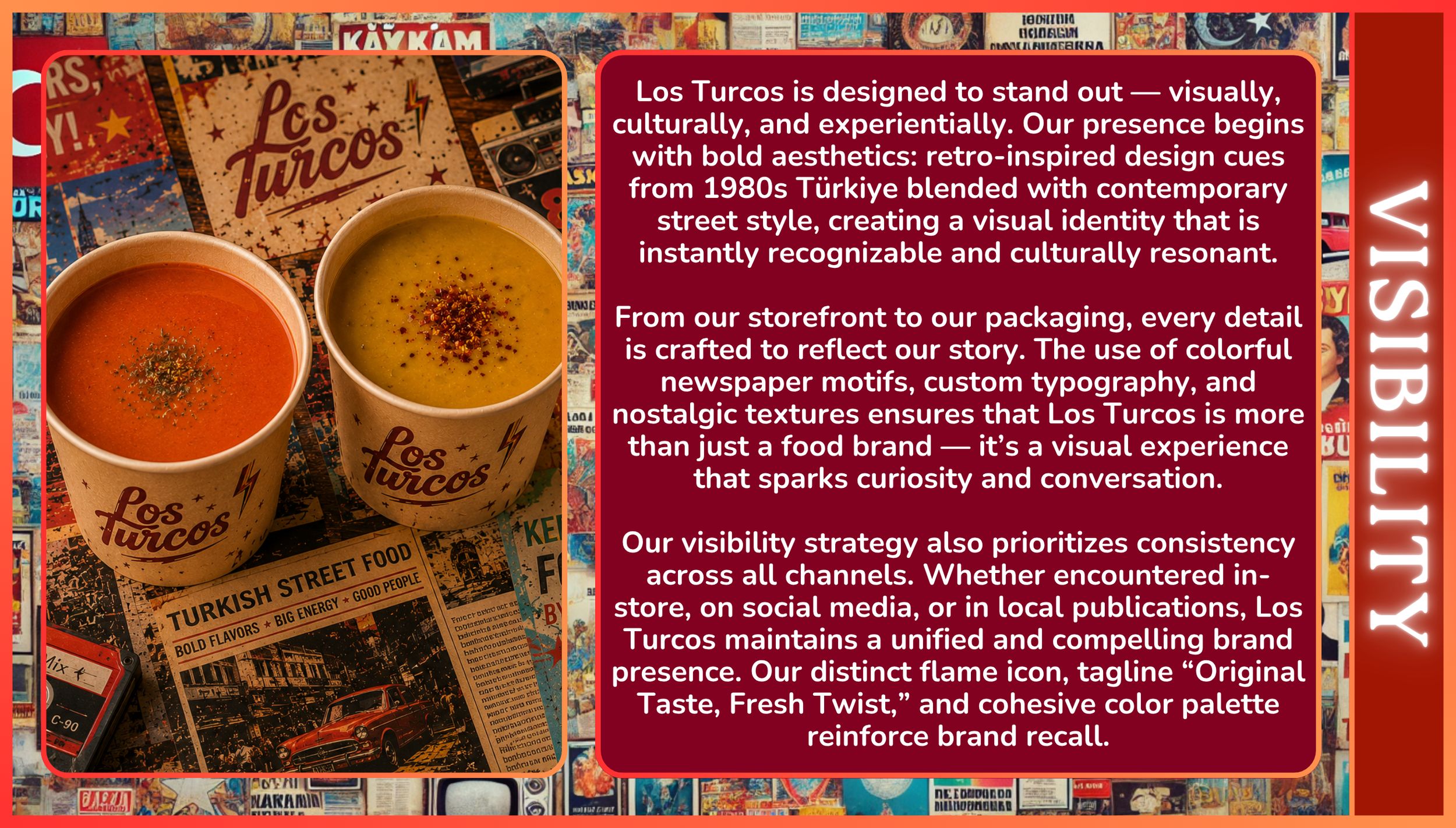 Two cups of Turkish soup wrapped in Los Turcos branded paper with a vintage background of posters and newspaper clippings.