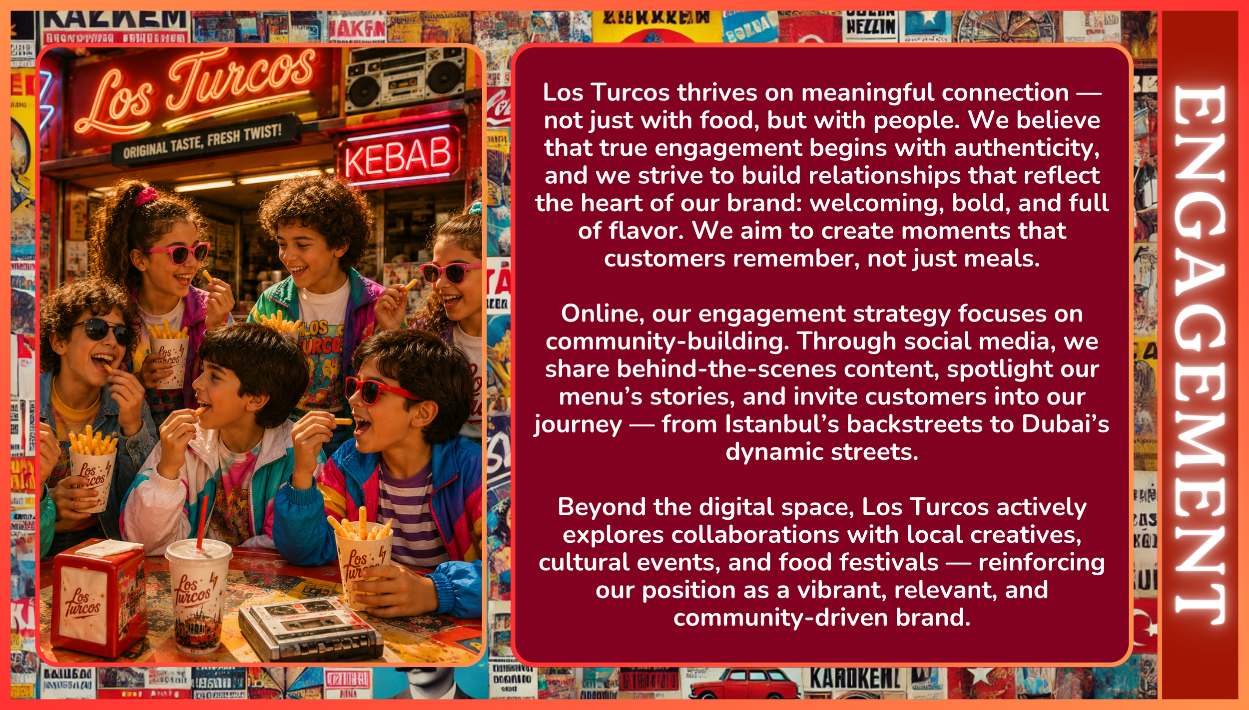 A group of children with colorful jackets and sunglasses enjoying food at a fast food restaurant called Los Turcos. The restaurant has signs with neon lights that say 'Kebab' and 'Los Turcos'.