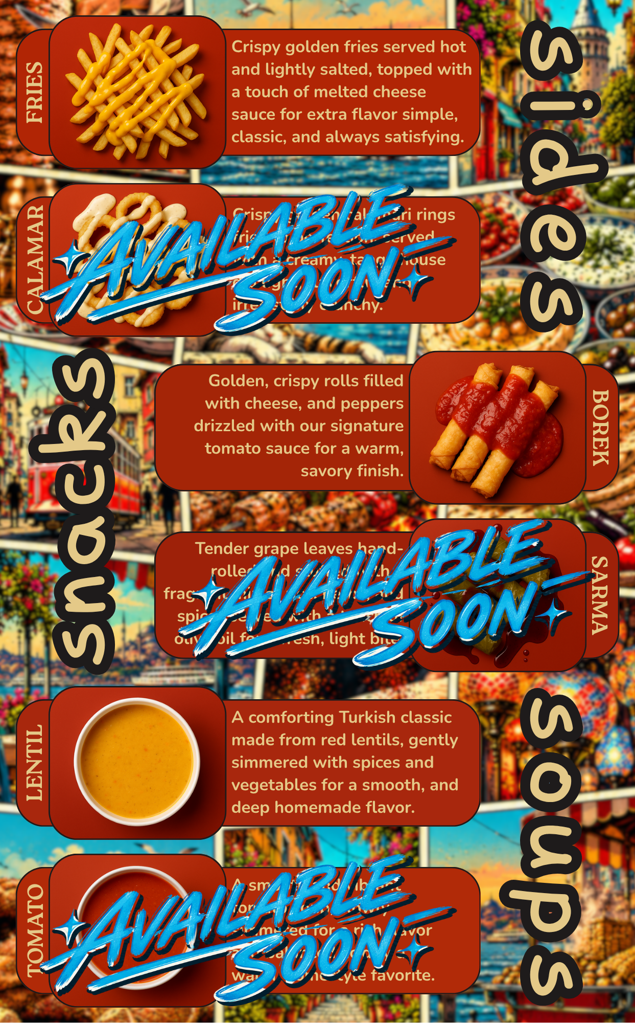 The image shows a menu featuring various American-style snacks and dishes. There are descriptions and images of crispy golden fries topped with melted cheese, calamari rings with creamy house dip, Turkish-style stuffed grape leaves, tomato soup, and tomato sauce. The background includes a blurred city scene with colorful buildings and cars.