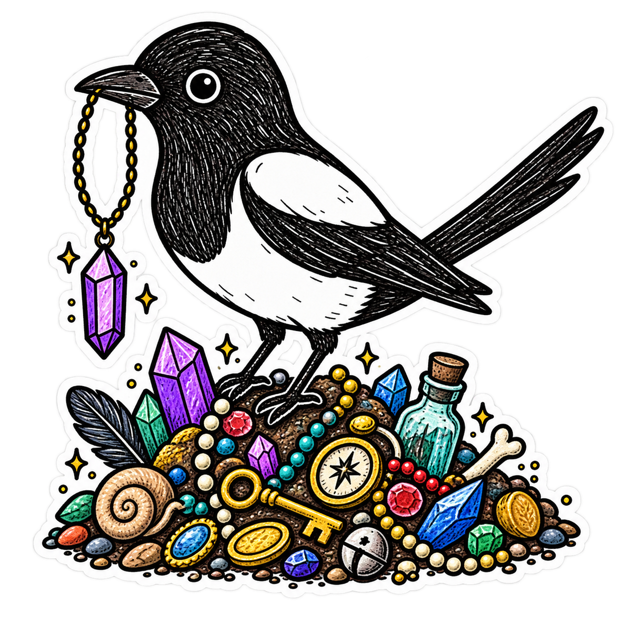 A black and white illustrated bird perched on a pile of colorful treasures including jewelry, gemstones, coins, bottles, a key, and a snail shell, with the bird holding a purple gemstone necklace in its beak.