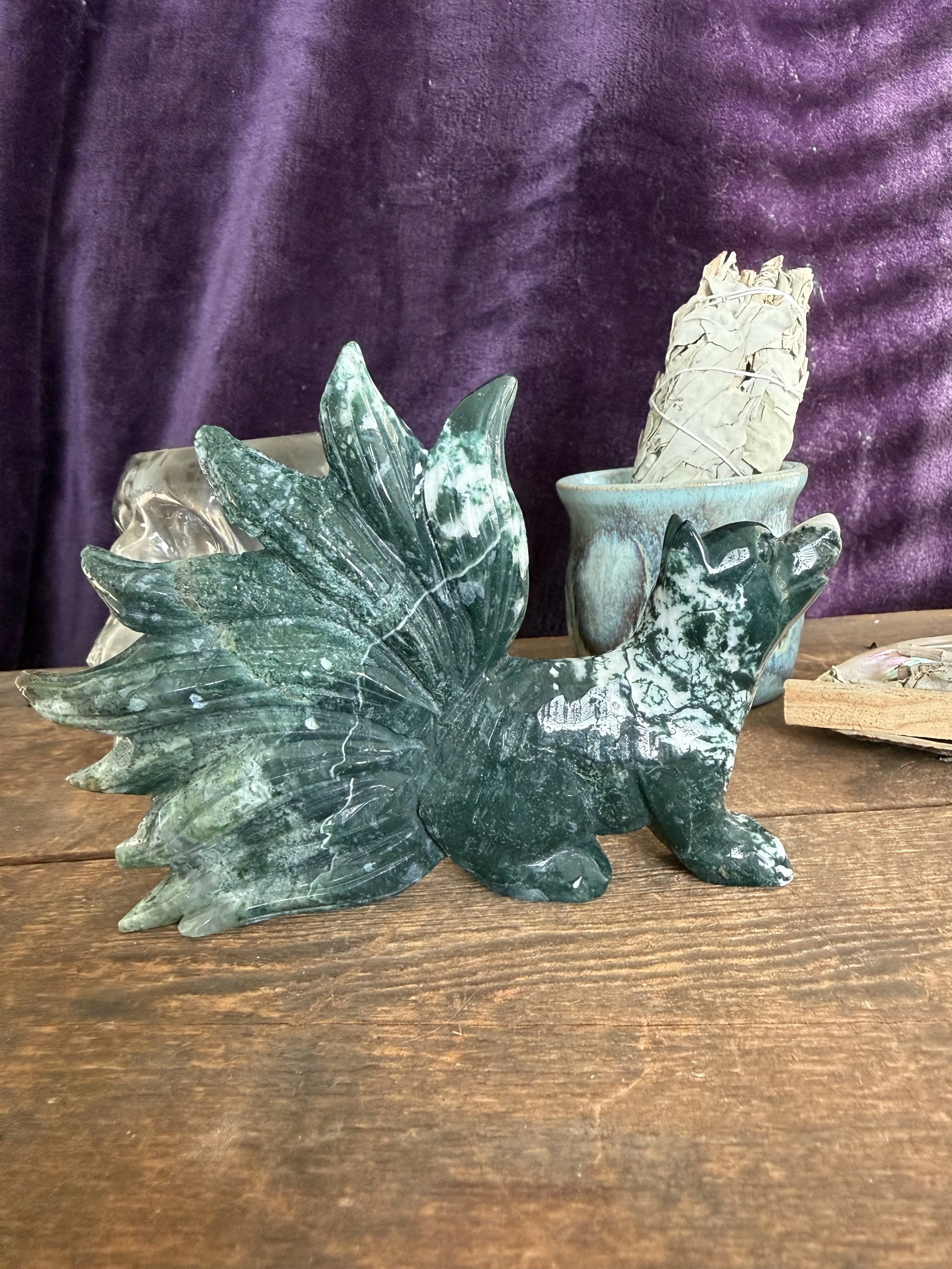 Moss Agate Nine-Tail Fox Carving