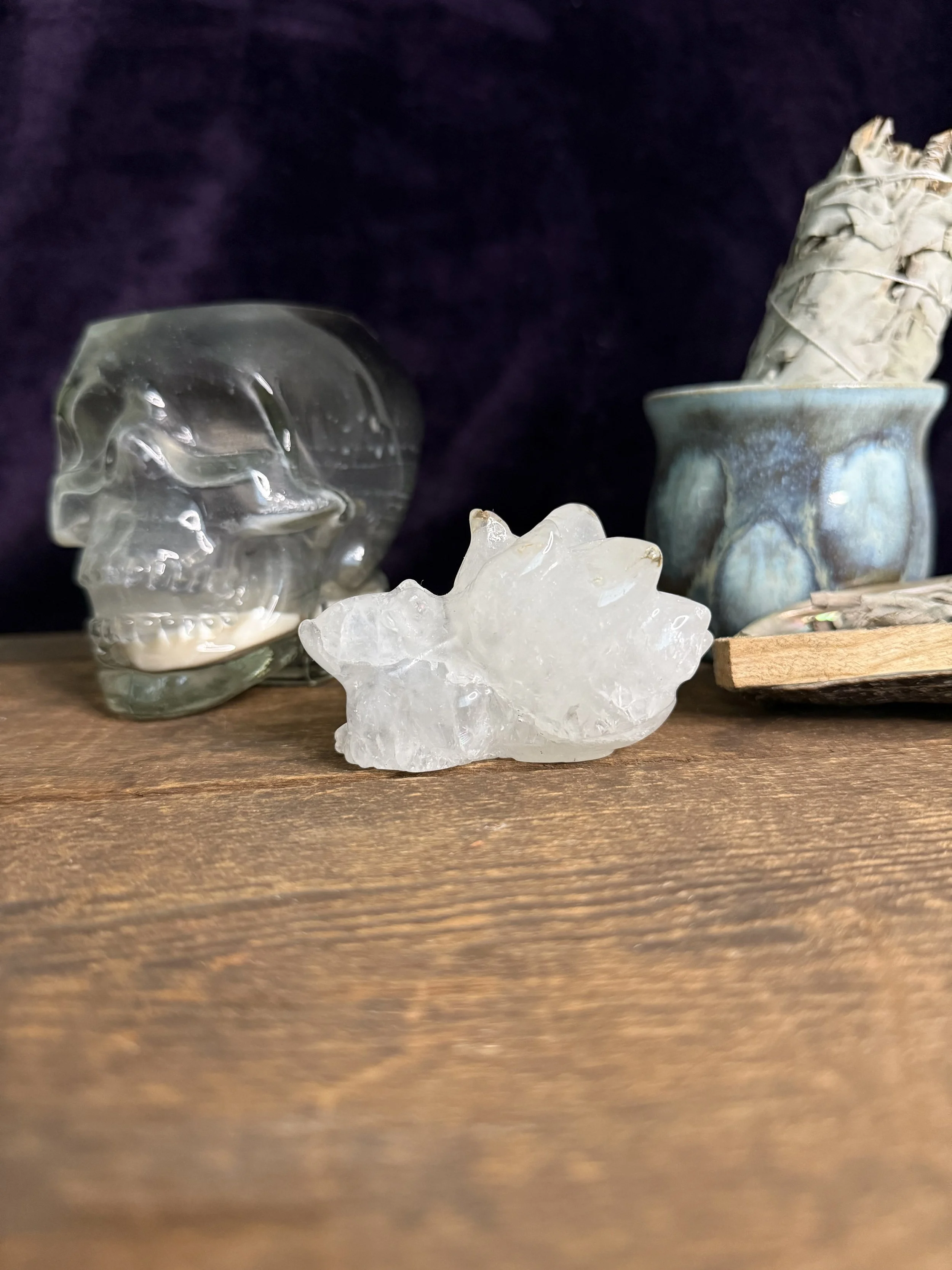 Clear Quartz Nine-Tailed Fox Carving