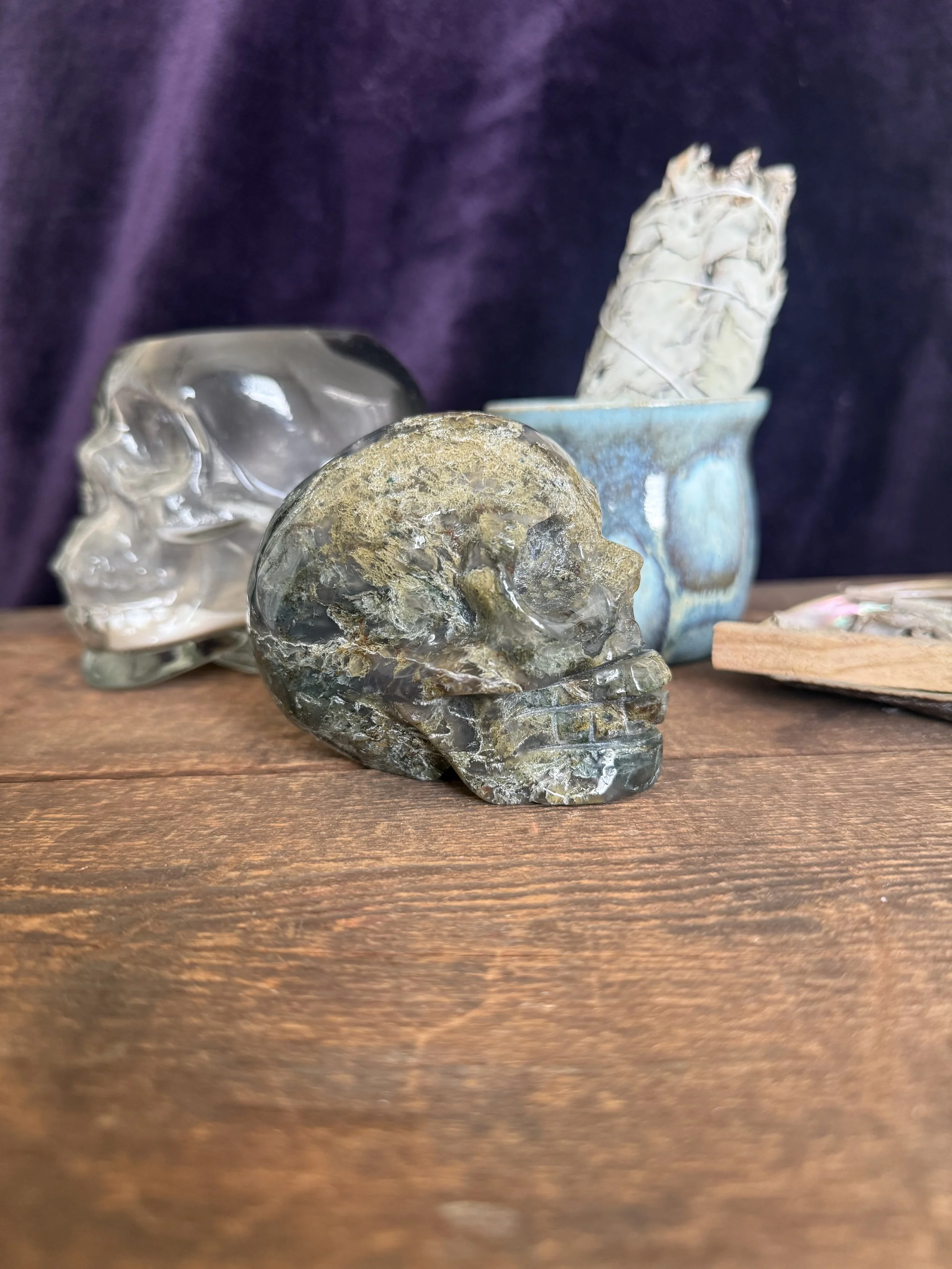 Moss Agate Skull Carving A