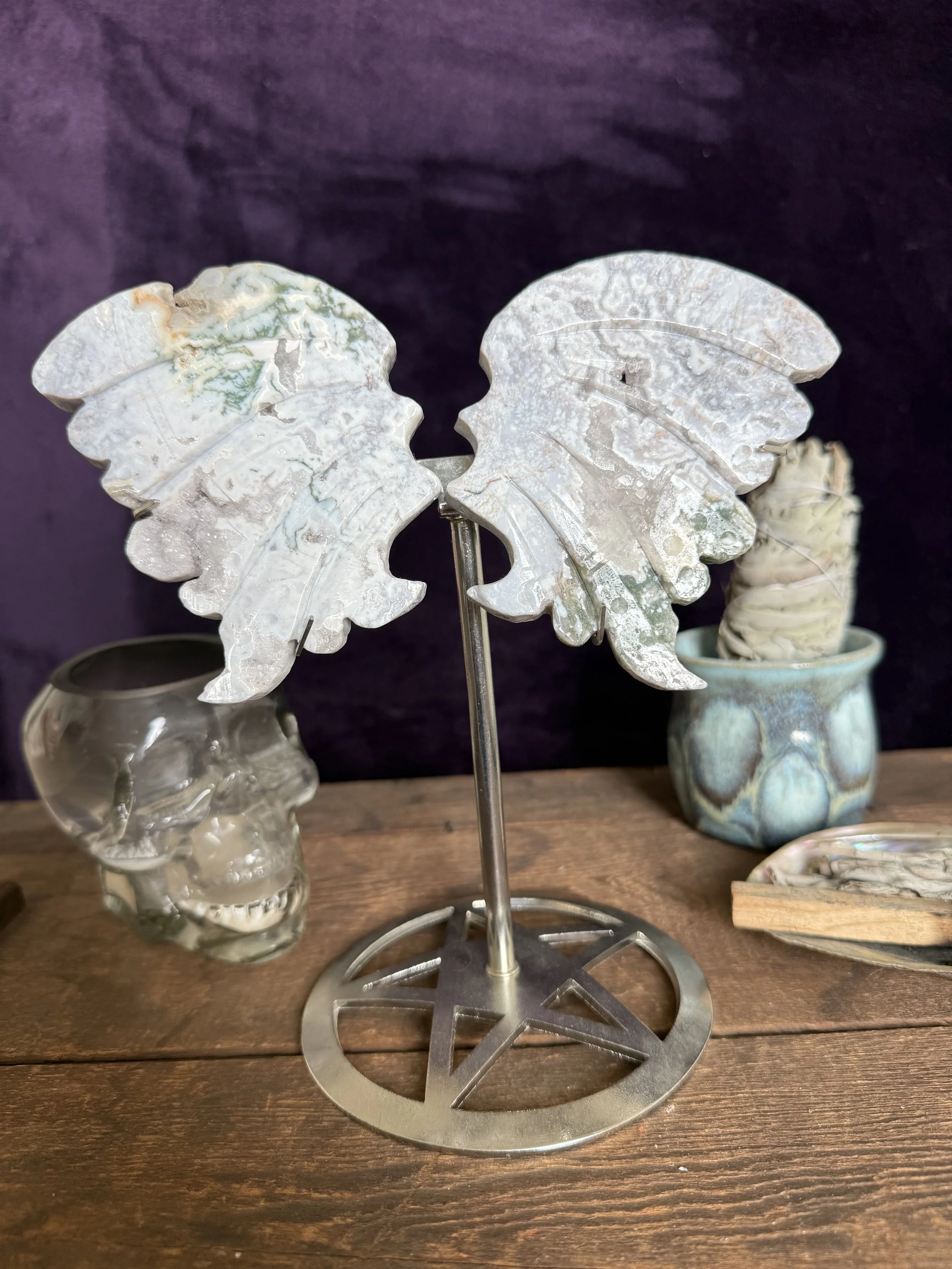 Moss Agate Butterfly Wings on Heavy-Duty Stand