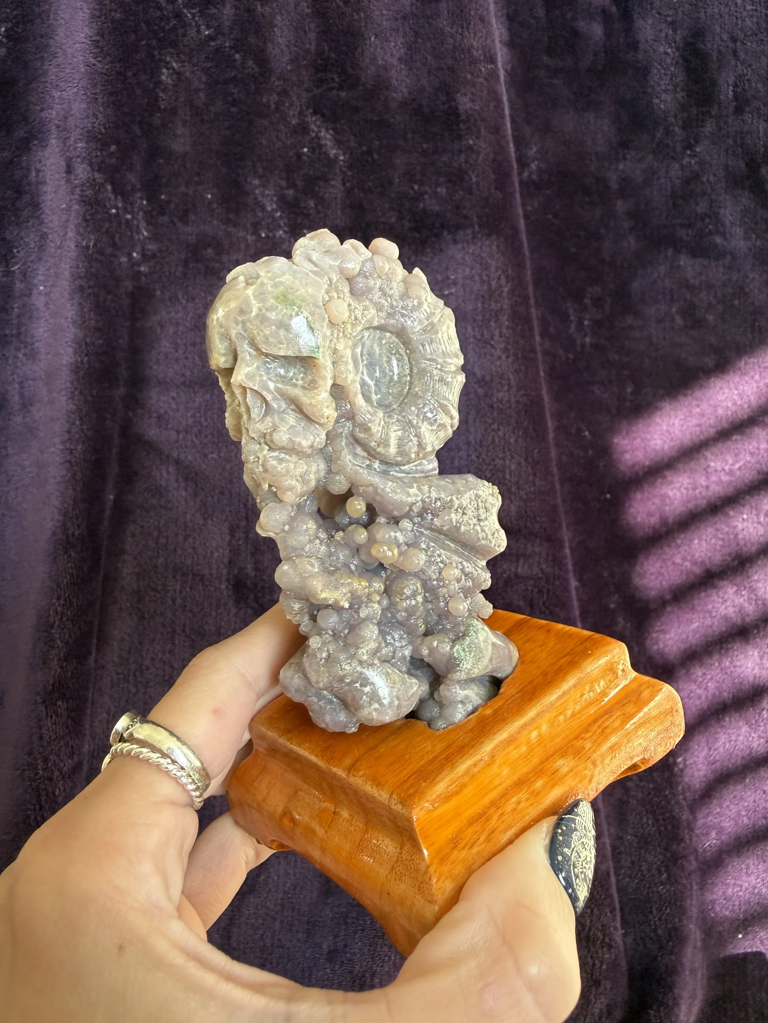 Grape Agate Skull & Ram Carving with Custom Stand