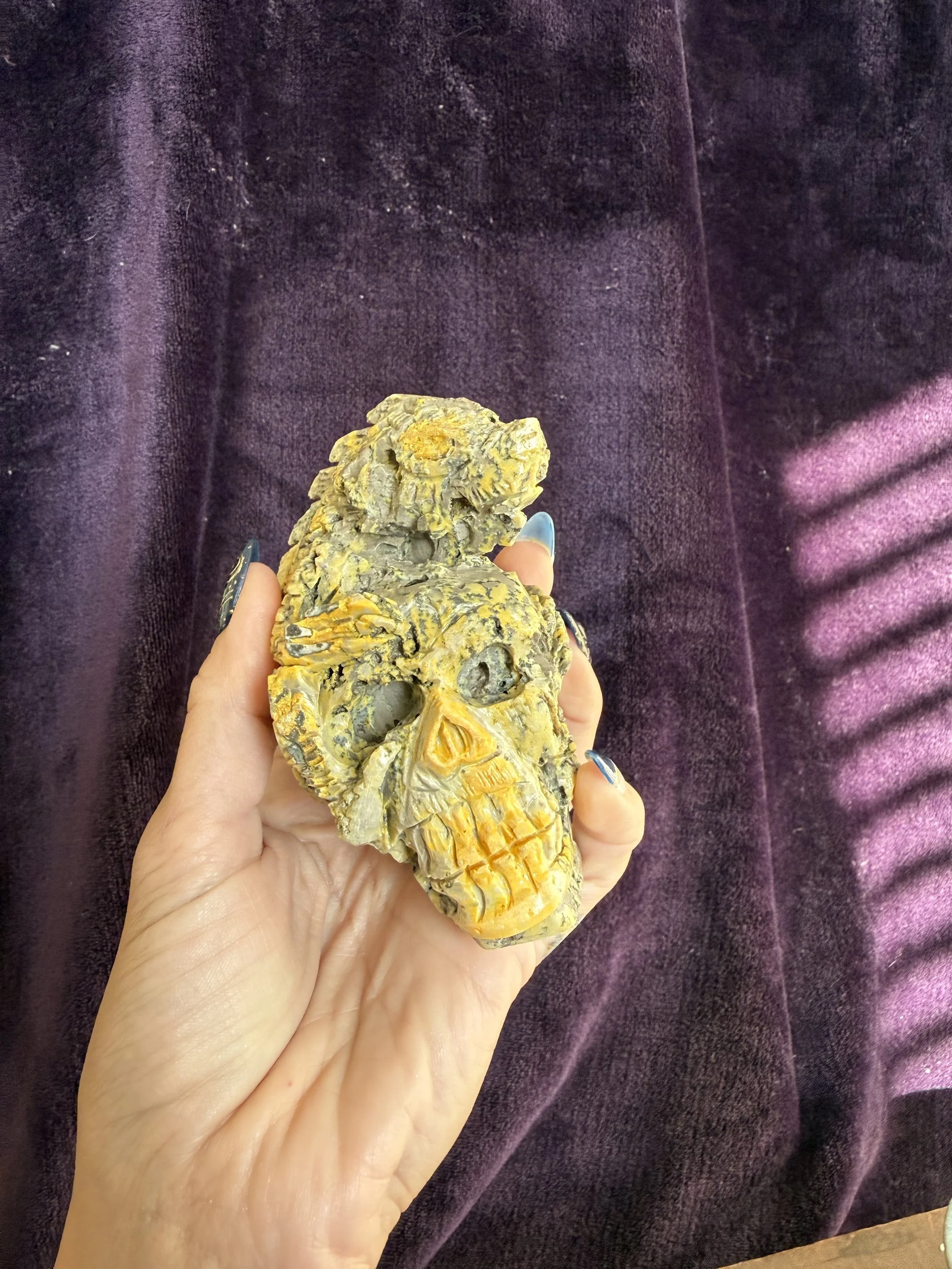 Bumblebee Jasper Skull with Iguana Carving