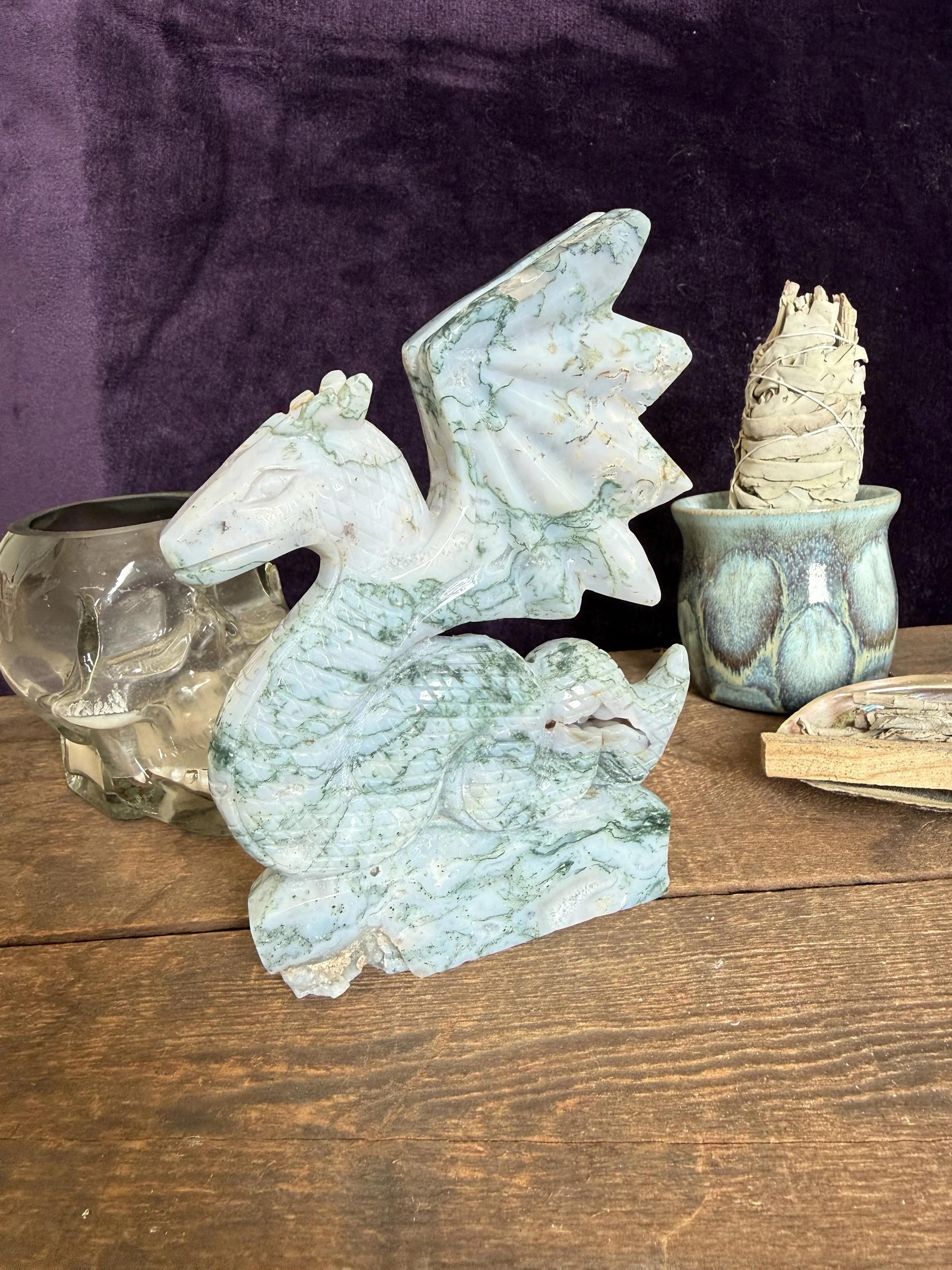 Moss Agate Dragon Carving