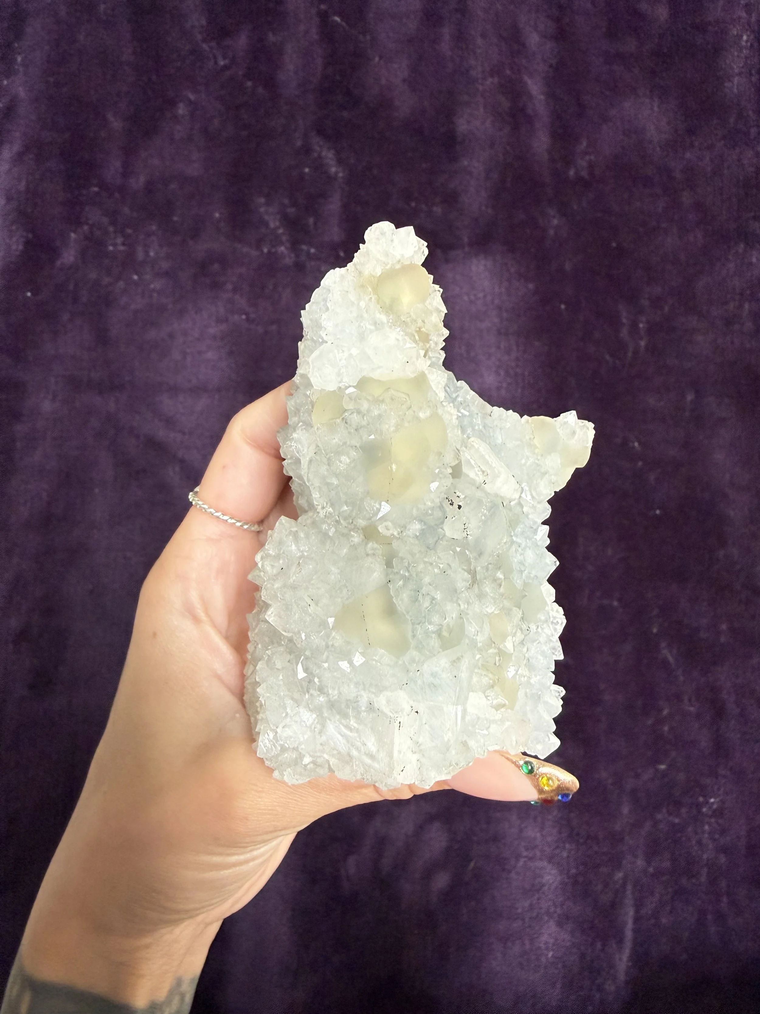 Apophyllite, Calcite & Botryoidal Fluorite on Blue Chalcedony