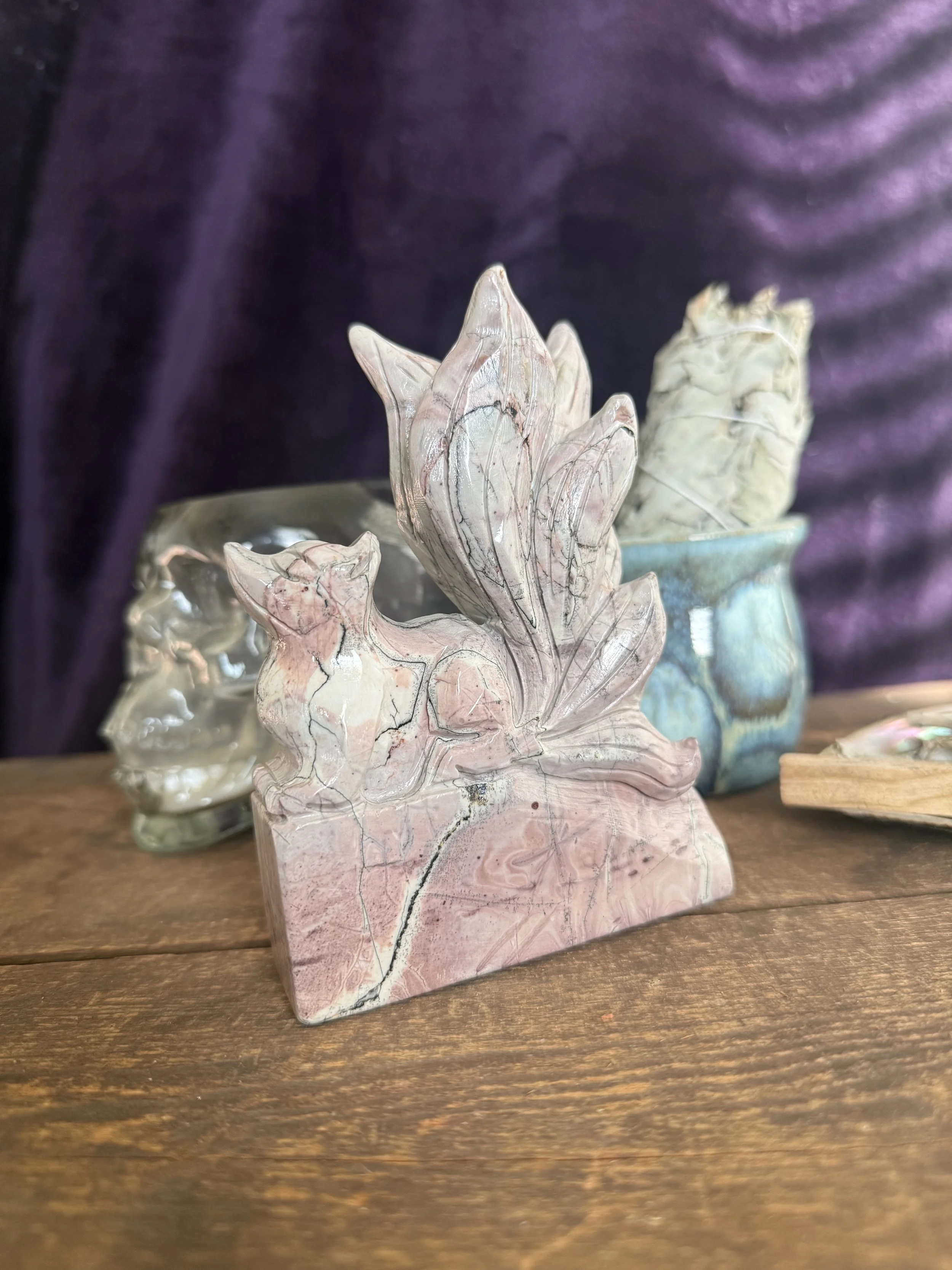 Pink Picture Jasper Nine-Tail Fox Carving