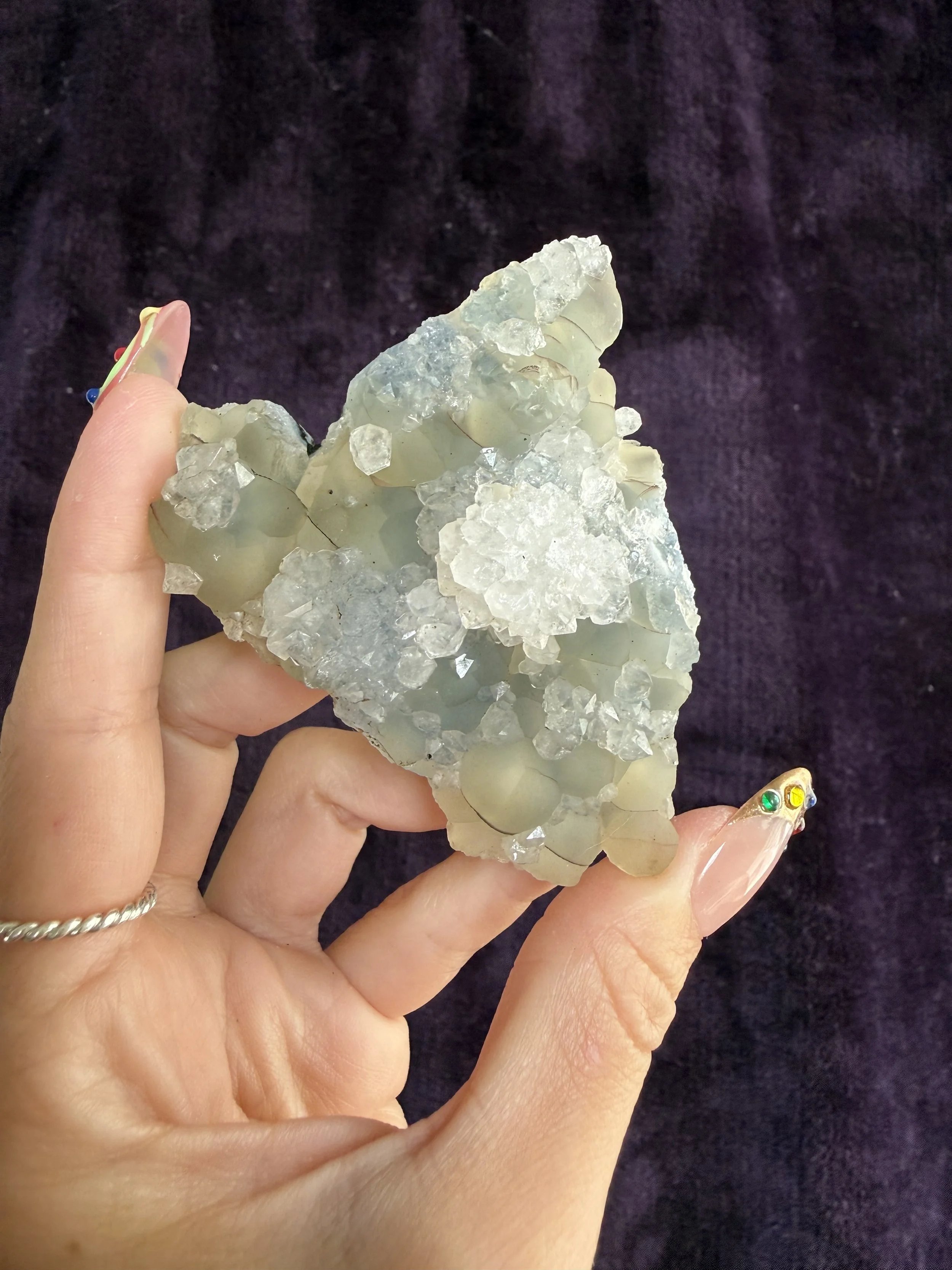 Botryoidal Fluorite & Apophyllite on Blue Chalcedony