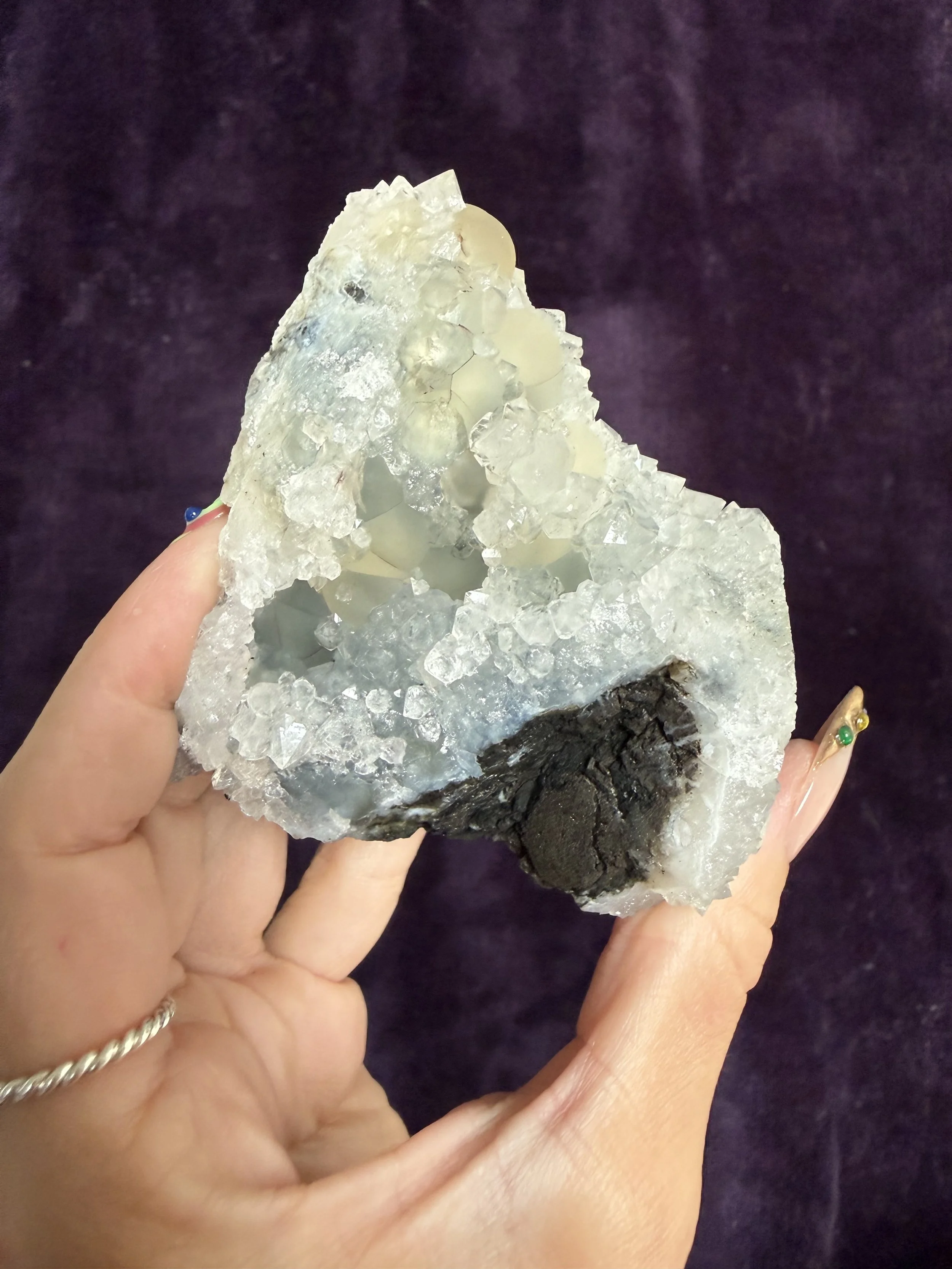 Apophyllite & Botryoidal Fluorite on Blue Chalcedony