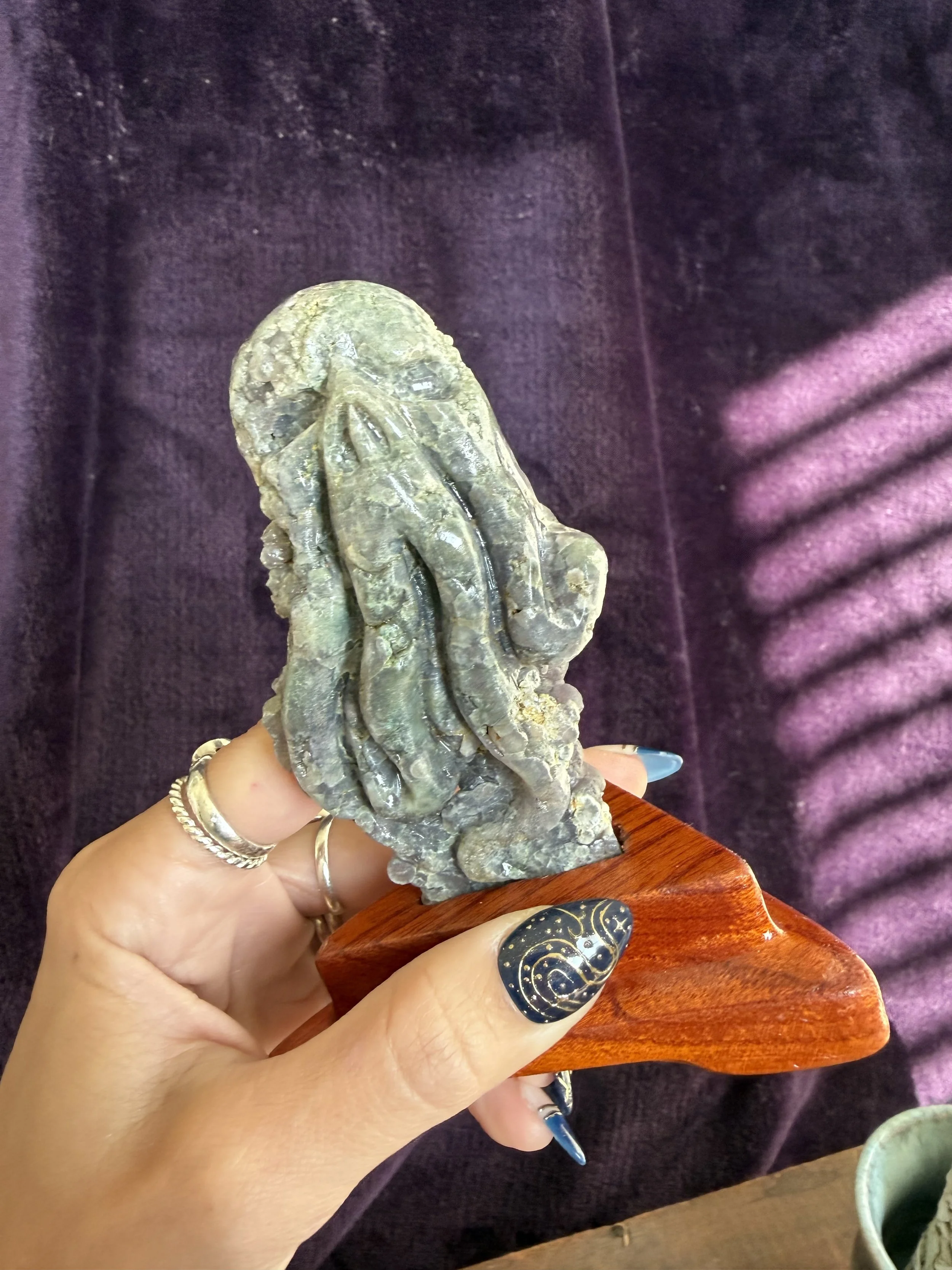 Grape Agate Skull Octopus Carving with Custom Stand