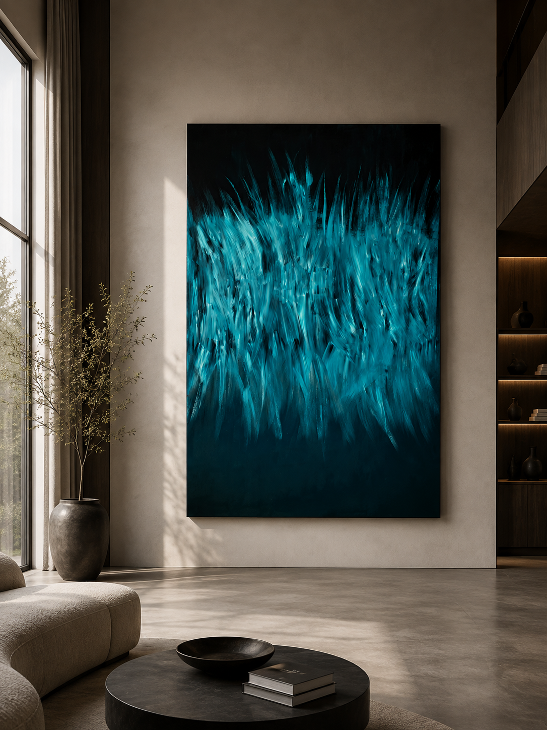 Moderner Raum mit abstraktem blauen Gemälde an der Wand, Couch, Kaffee-Tisch, Pflanze in Vase, große Fenster with Vorhängen.