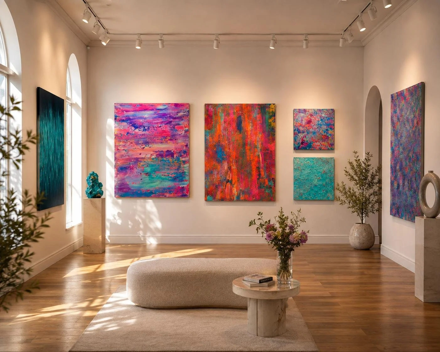 Moderner Kunstgalerie mit bunten abstrakten Gemälden, Pflanzen und Sitzgelegenheiten.