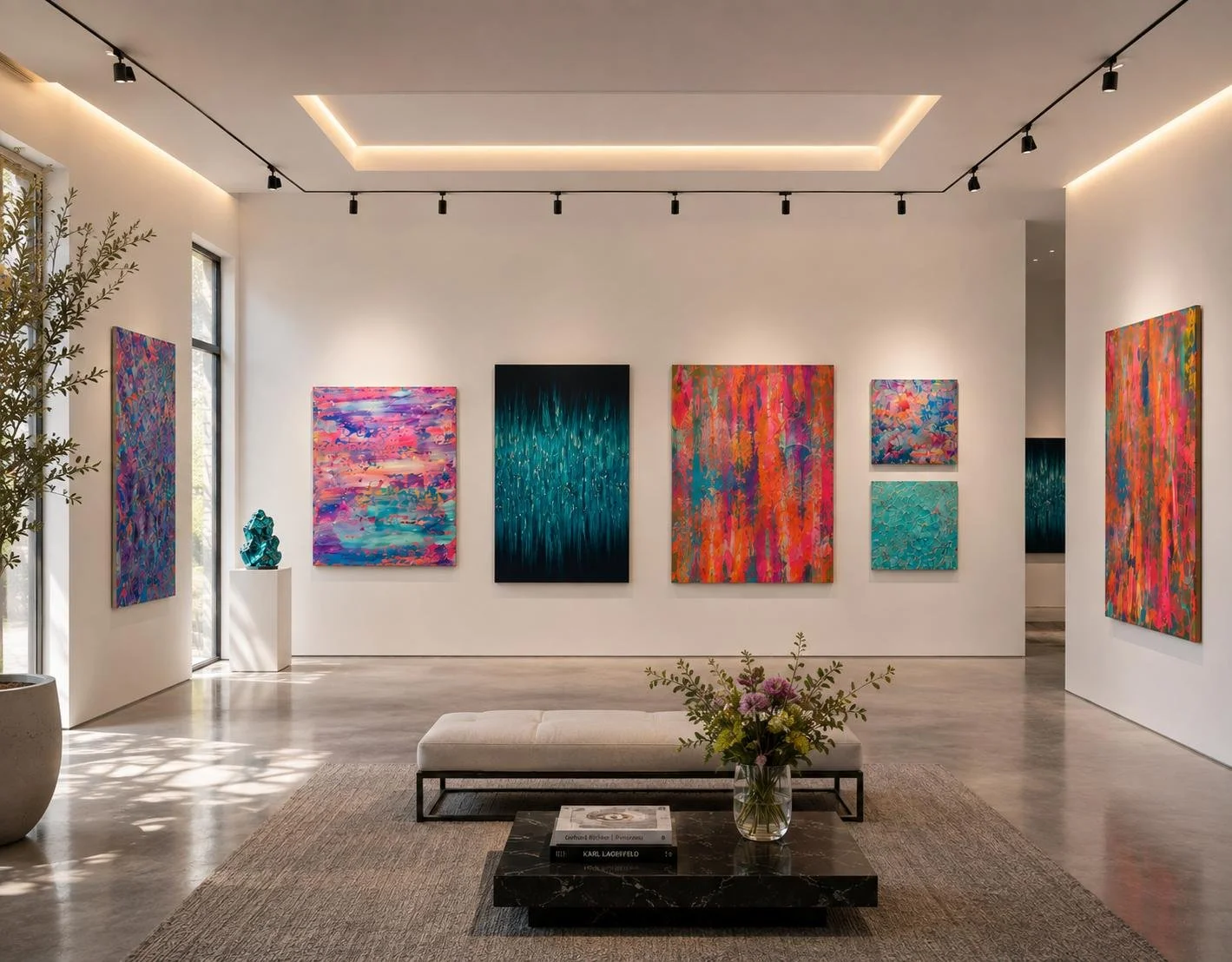 Zeitgenössischer Kunstgalerie mit farbenfrohen abstrakten Gemälden an weißen Wänden, einem stilvollen schwarzen Steintisch mit Blumen und einem weißen Sitzpolster im Vordergrund.
