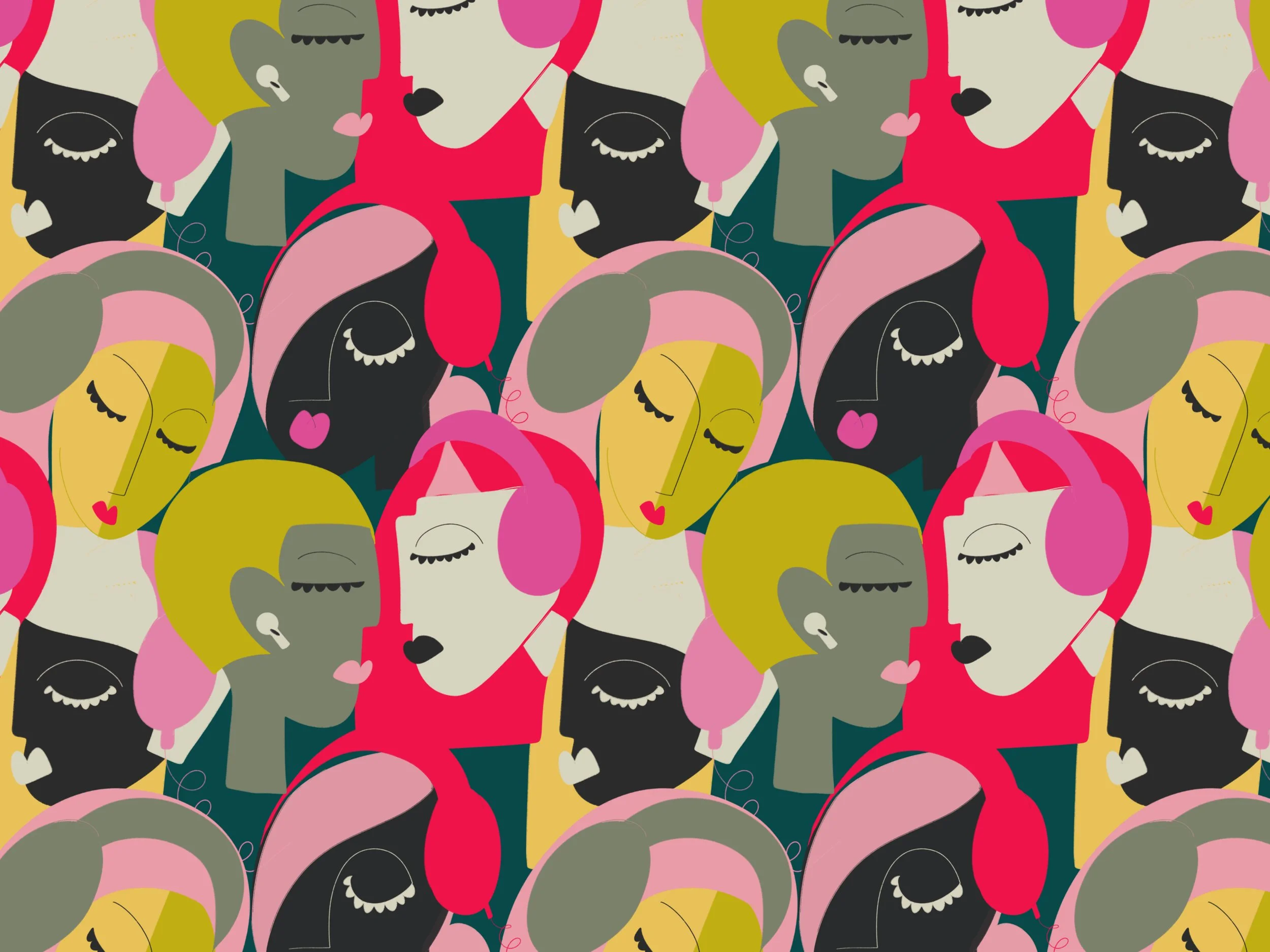 bold, colourful, cubist, modern faces listening to music with headphones and ear pods, moody listening party