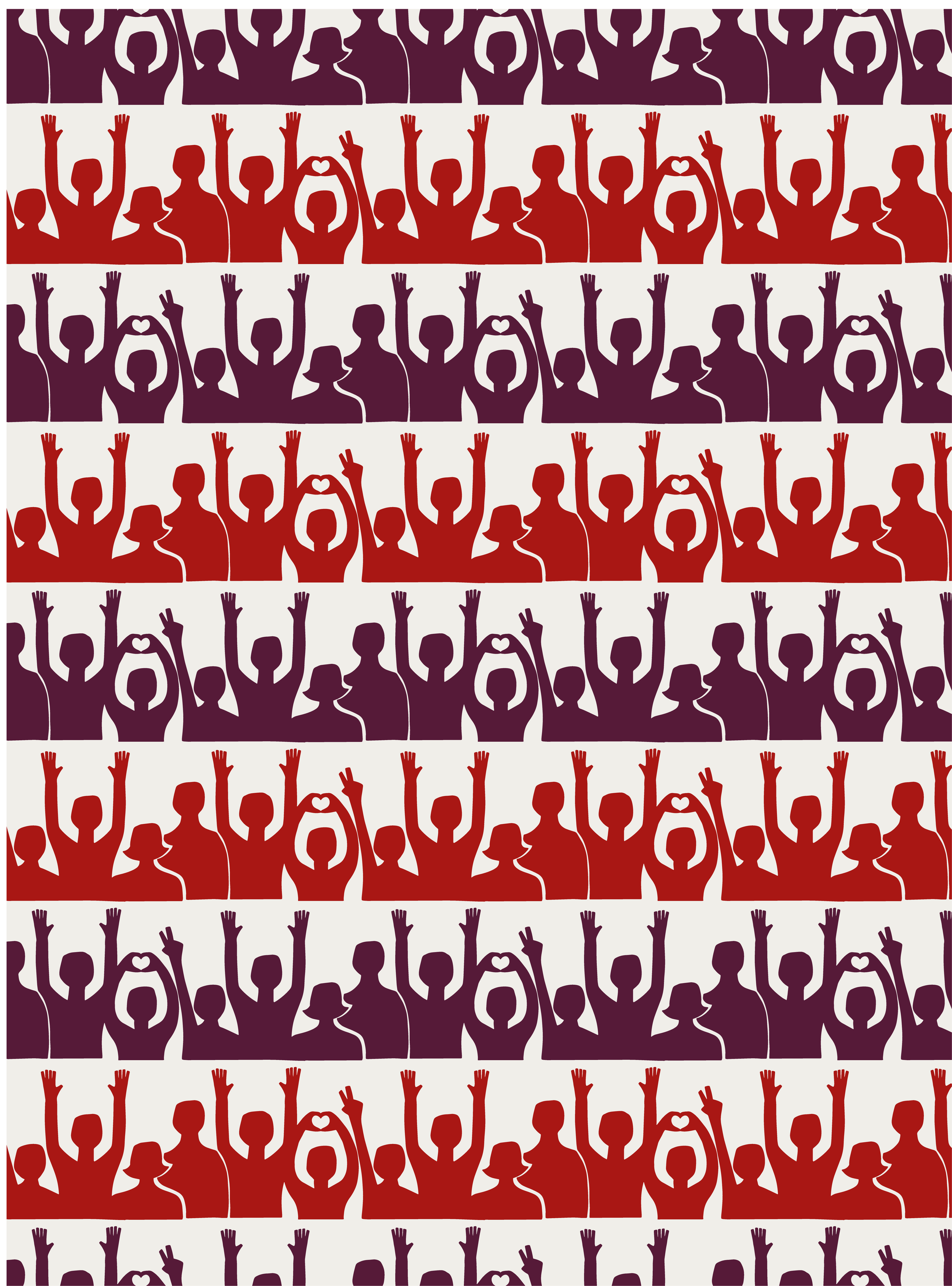 Pattern of stylized human figures with raised hands forming hearts and peace signs, arranged in horizontal rows with different colors: purple, red, and dark purple. Based on a peak moment in a crowd at a festival.