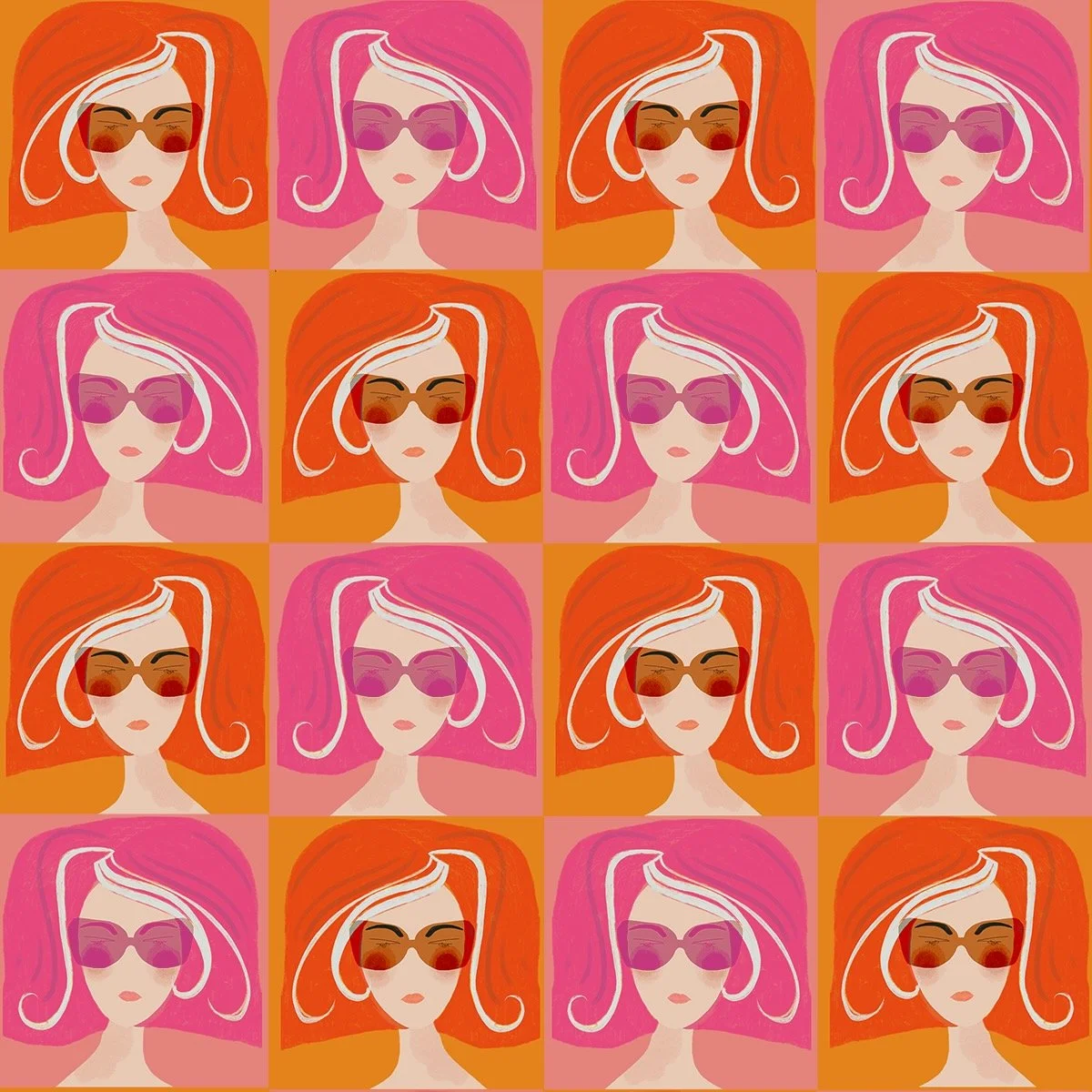 Pop art style pattern with portraits of women wearing sunglasses, alternating between pink and orange backgrounds.