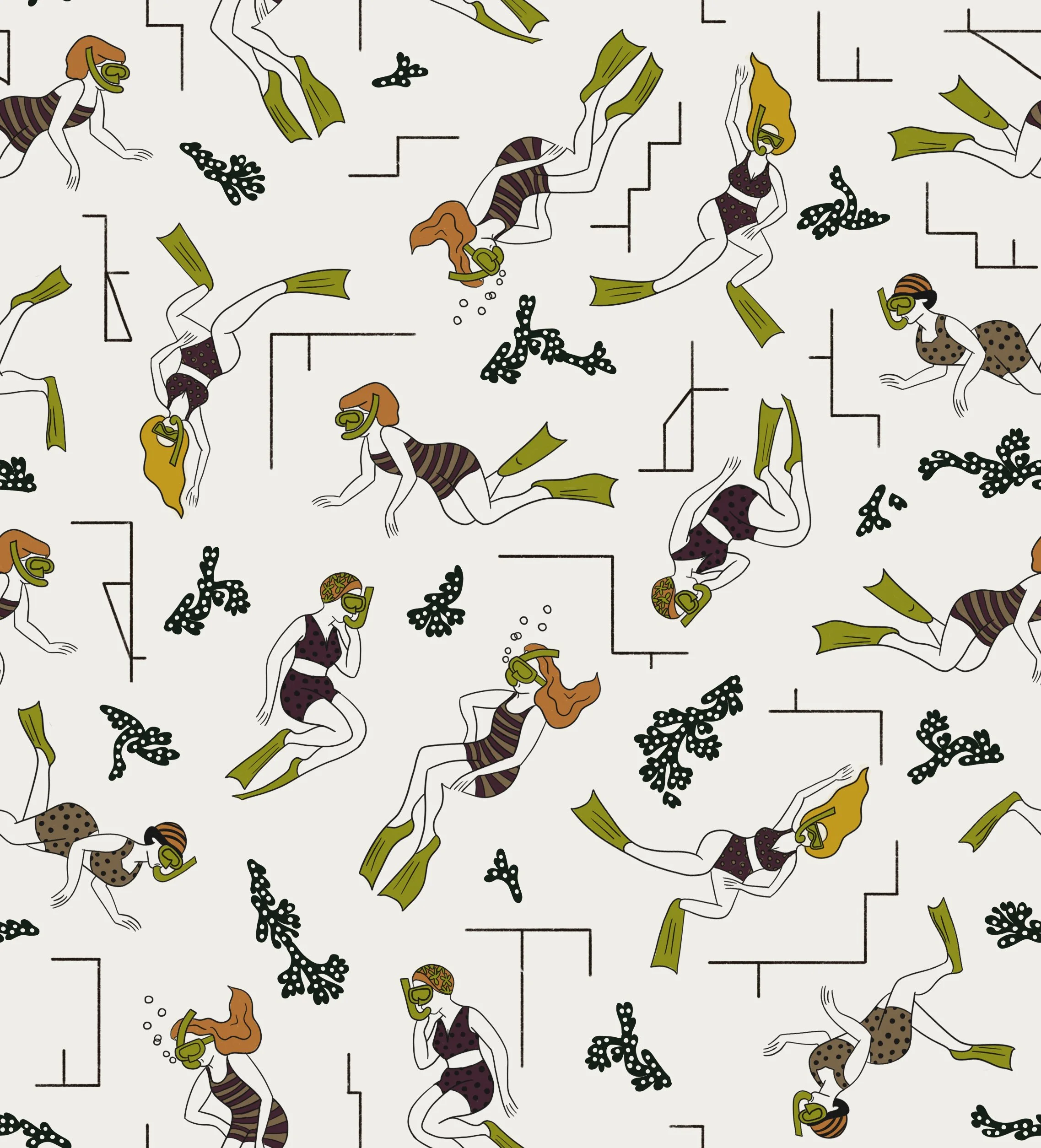 Pattern of illustrated retro women in swimsuits, wearing snorkeling gear, sitting on or swimming in water, surrounded by abstract seaweed and aquatic plants.