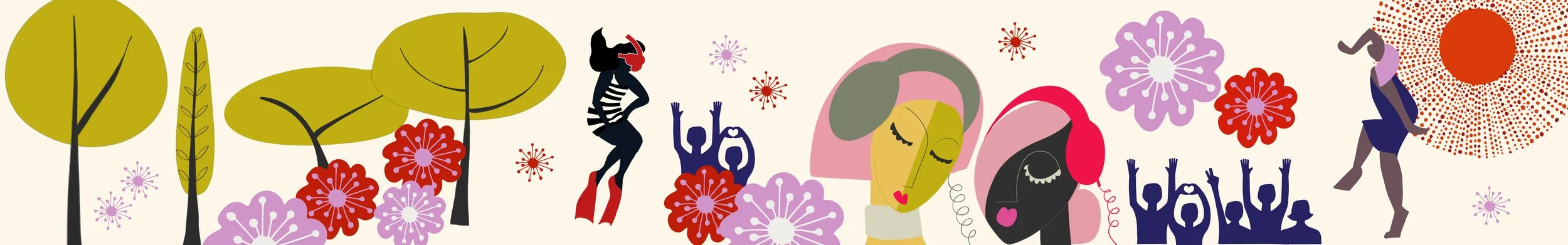 Stylized illustration of people dancing and enjoying music in a colorful, abstract outdoor setting with trees, flowers, and decorative elements.