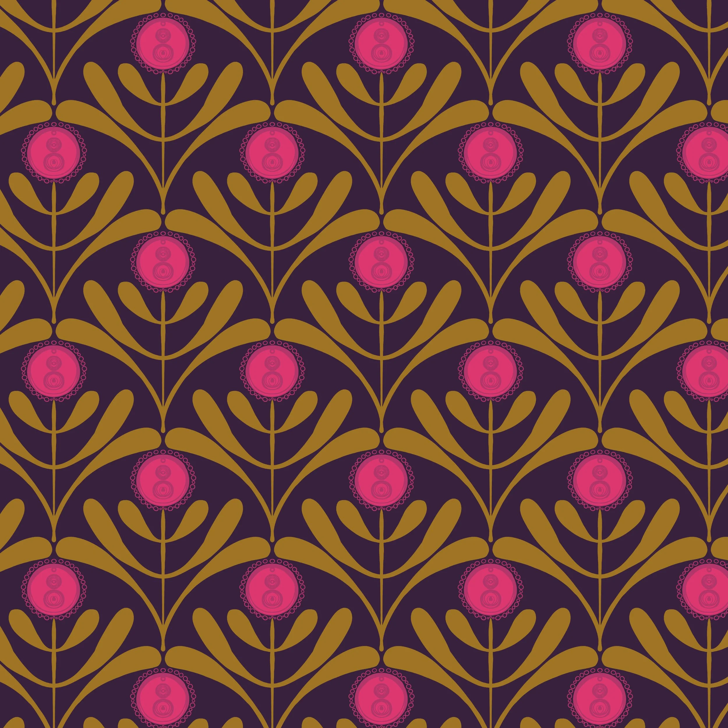 A seamless pattern featuring pink circular floral motifs with concentric circles and decorative surrounding circles, set against a dark purple background with gold stylized leaf or petal shapes connecting the designs.