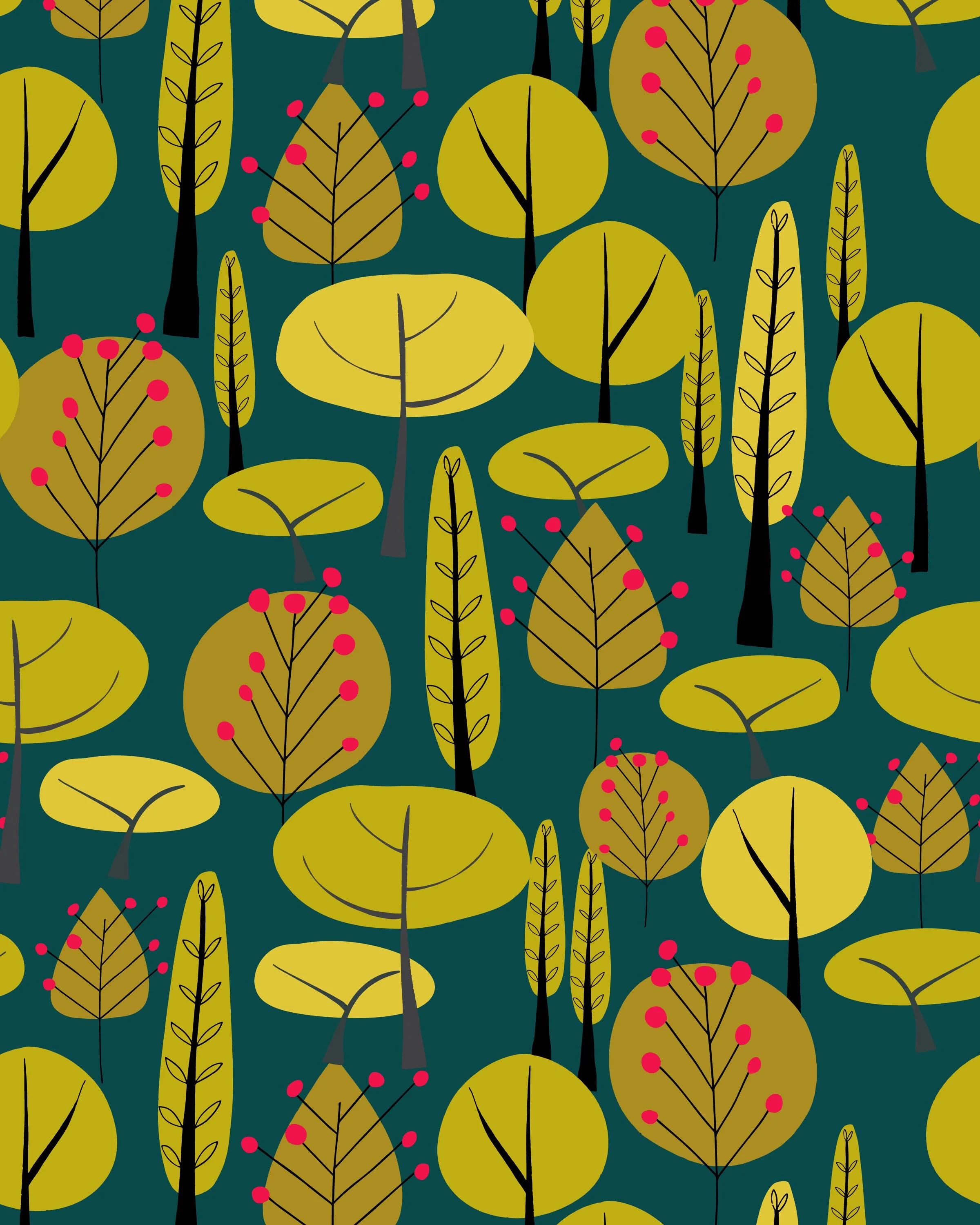 A colorful, stylized forest pattern with various abstract trees in shades of yellow, green, and dark gray, with some trees having pink berries, set against a dark green background.