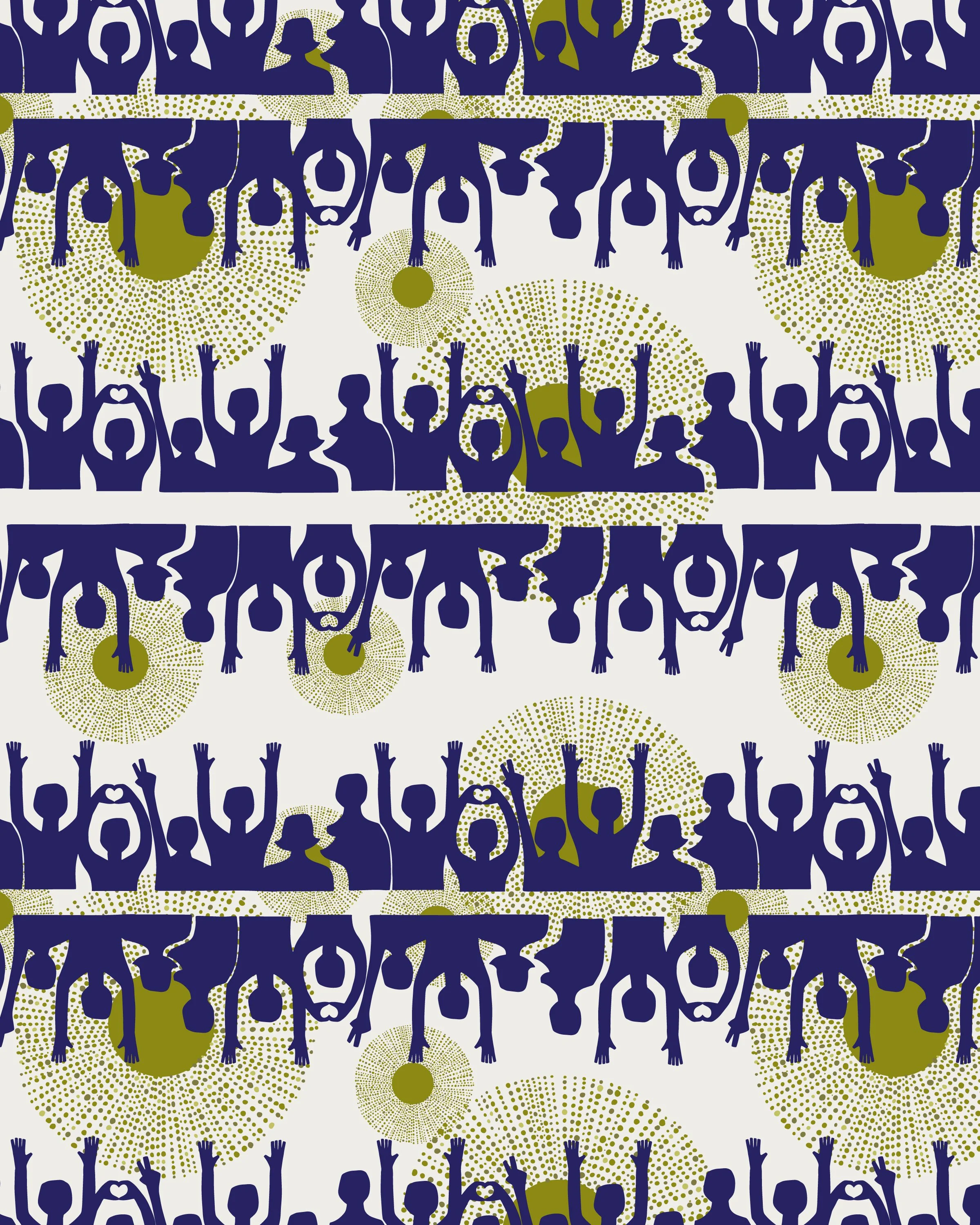 A repeating pattern featuring silhouettes of people with raised hands, some holding hearts, interspersed with circular dotted designs, in navy blue, olive green, and white colors.