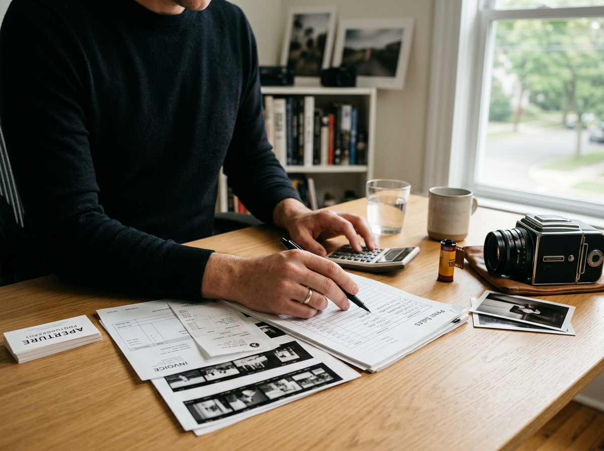 Devon Makes Cents LLC bookkeeping workspace with film canisters and photo proof sheets