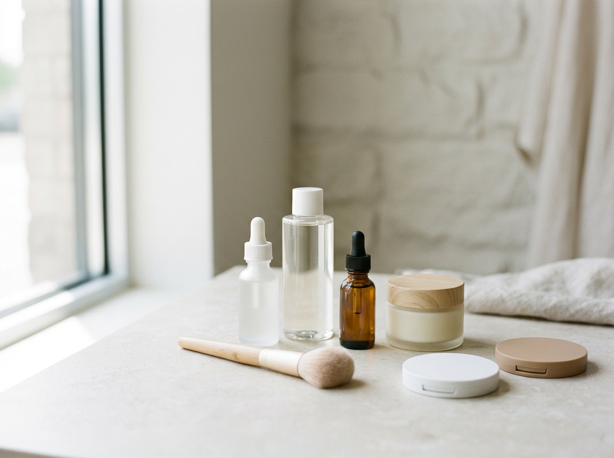 Skincare and beauty products on a white surface near a window, including a dropper bottle, a spray bottle, an amber dropper bottle, a container with a wooden lid, and compact cases, with a makeup brush in the foreground.