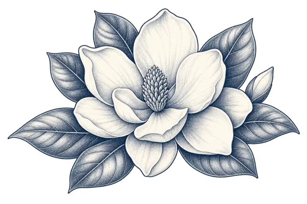 Black and white illustration of a blooming magnolia flower with surrounding leaves.