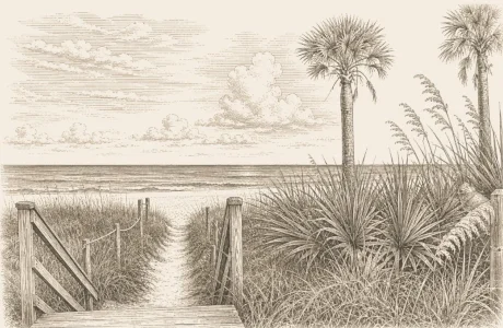 About Us | Vintage etched art of a beach
