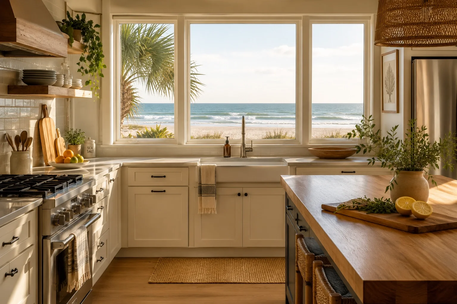 Kitchen with a view of the beach through large window, featuring white cabinetry, a wooden island, potted plants, fresh lemons, and kitchen utensils.