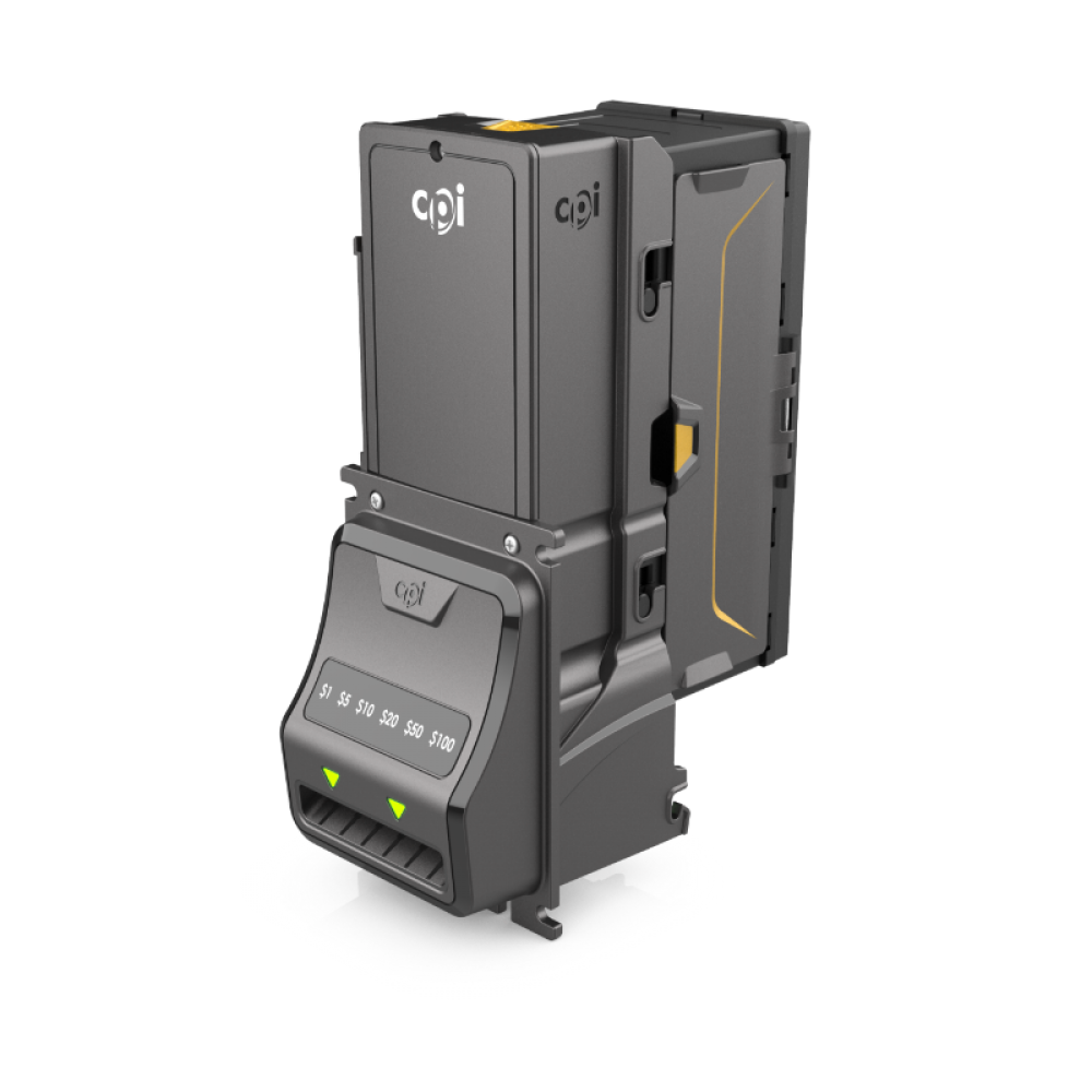 A robotic device with a black and gray body, displaying a digital screen and buttons, with the logo 'api' on its upper part.