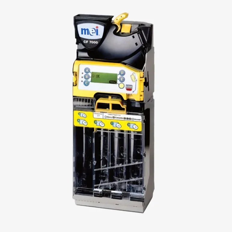 Automated medication dispenser with a small banana on top, digital screen, and yellow and black controls.
