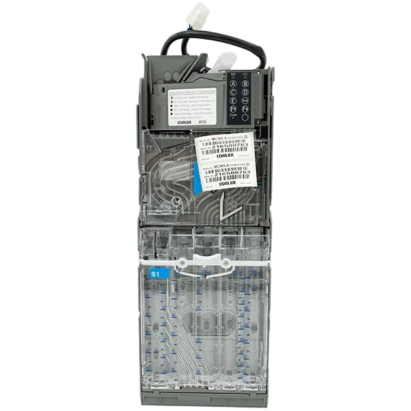 A transparent electronic device with a black control panel, various wires, and labeled components inside, positioned vertically.