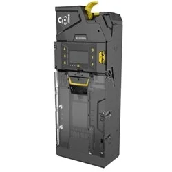 A black industrial control panel with yellow accents and a handle, featuring various switches, buttons, and a display screen.