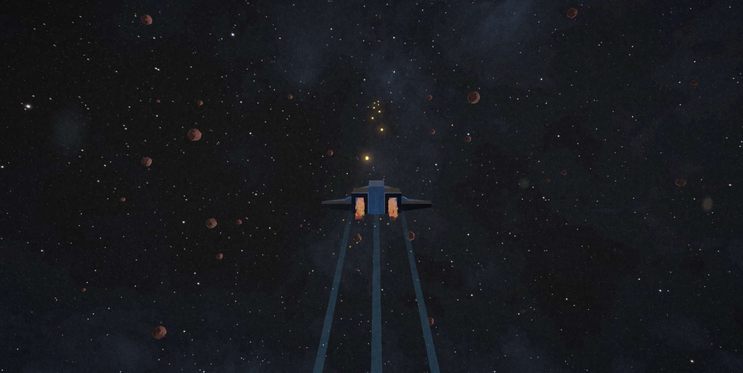 A pixelated spaceship flying through space among stars and asteroids, with blue jet streams behind it.