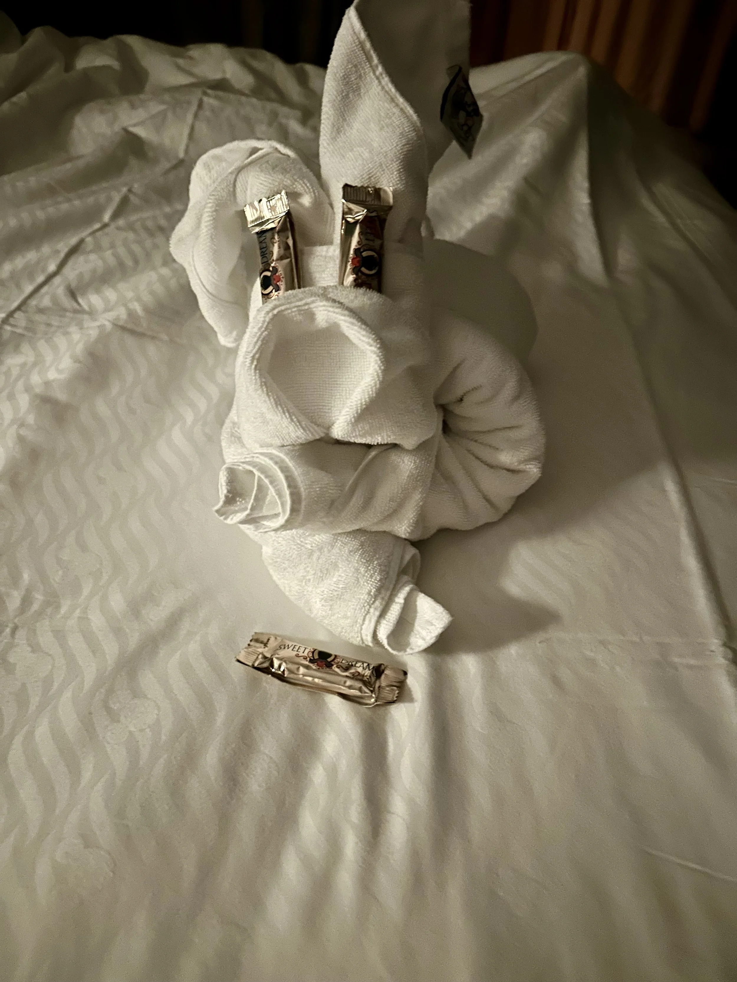 A white cloth glove holding two small chocolate bars with a silver wrapper and a picture of Mickey Mouse.