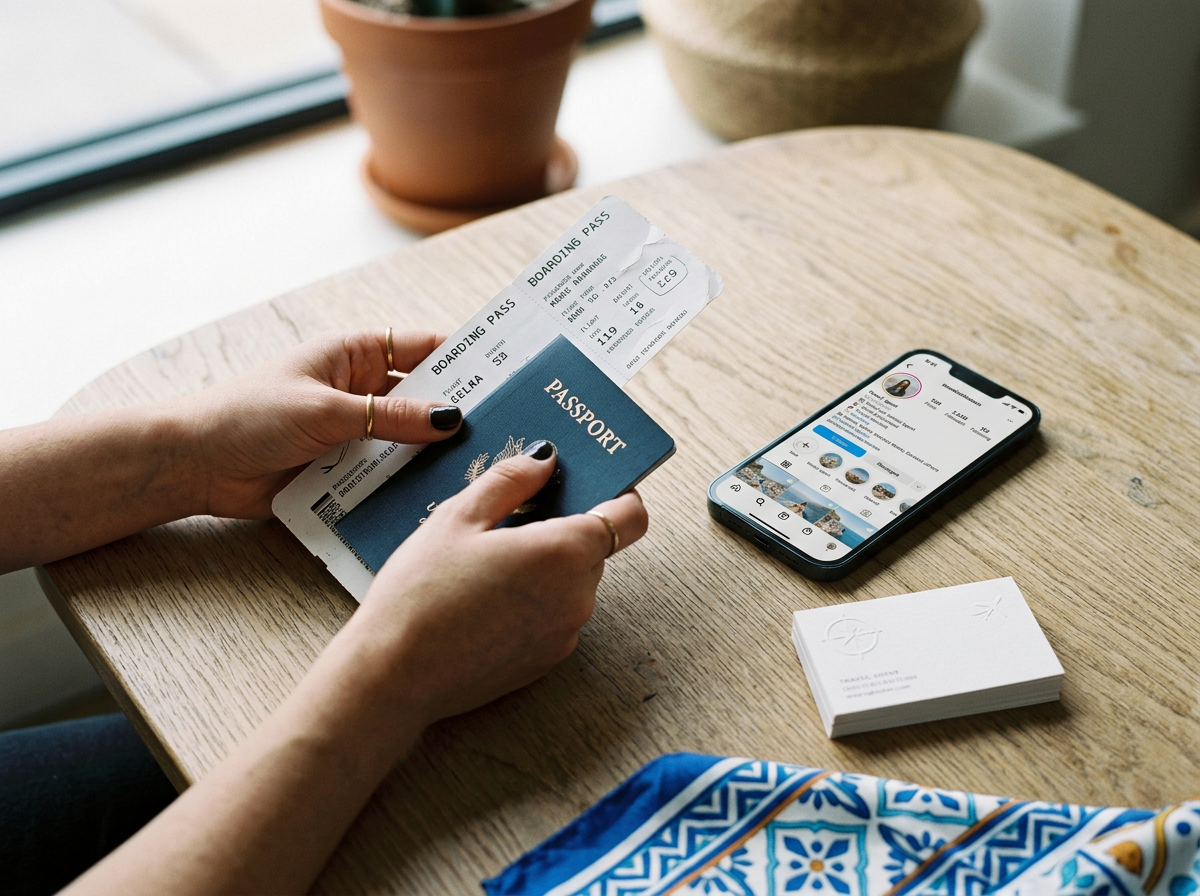 Person holding a boarding pass and passport, sitting at a wooden table with a smartphone, a stack of business cards, and some potted plants in the background.