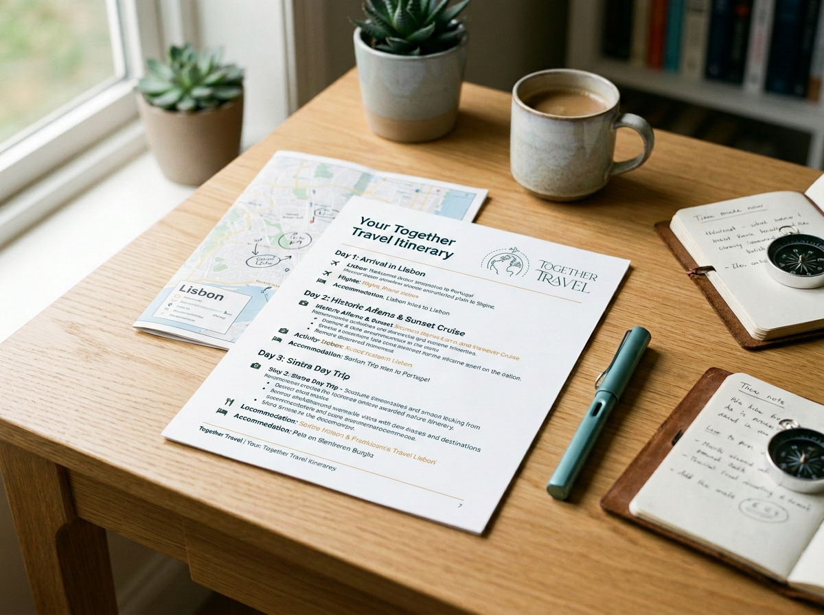 A travel itinerary sheet titled "Your Together Travel Itinerary" with plans for a trip to Lisbon, Portugal, including details for three days. The table also shows a second map, a coffee mug, two potted succulents, a notebook with handwritten notes, a fountain pen, and a compass on a wooden desk near a window with a view outside.